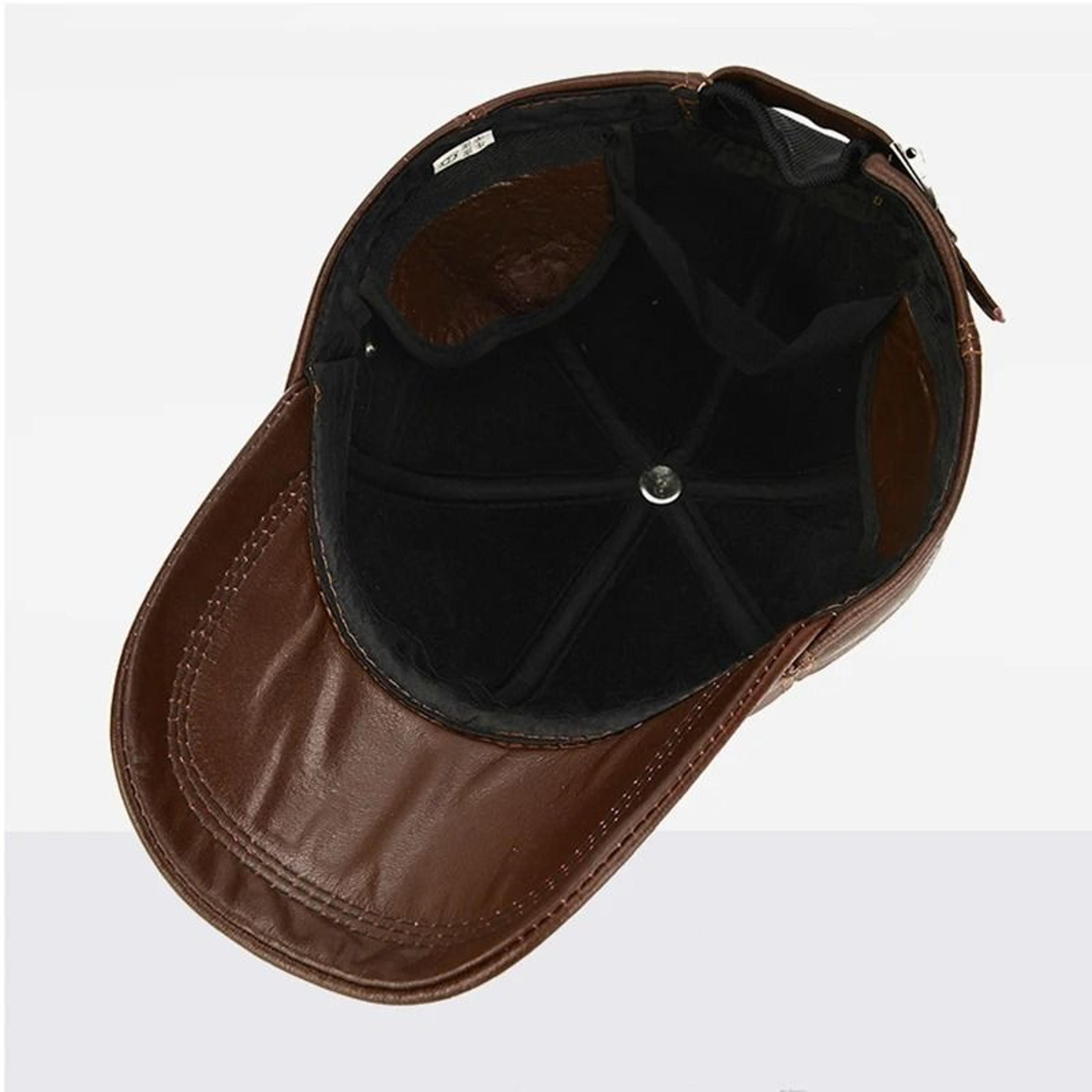 men's genuine cowhide leather winter baseball cap with ear flaps - warm adjustable real leather outdoor hat