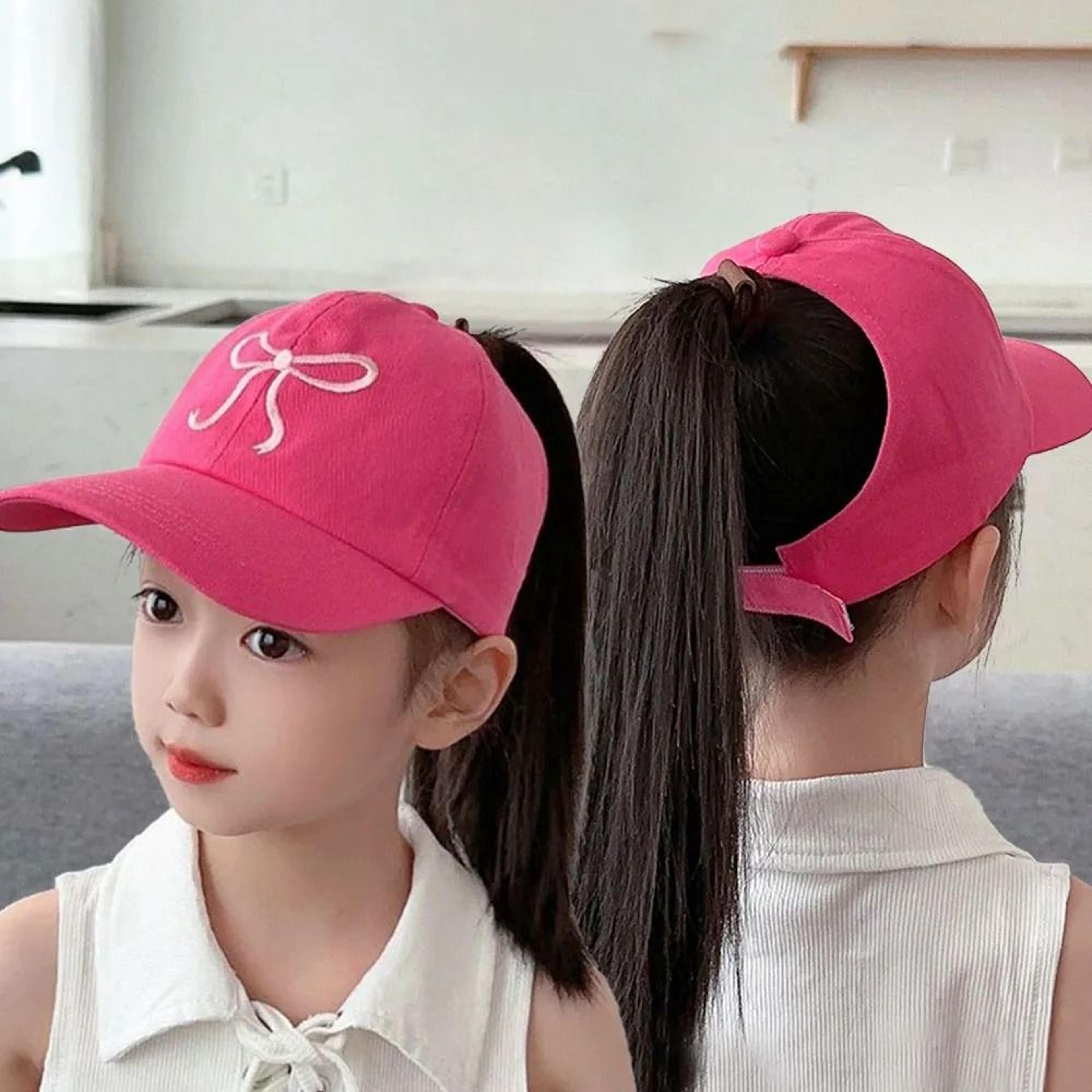kids high ponytail baseball cap - hollow top sun hat with bowknot embroidery for boys & girls