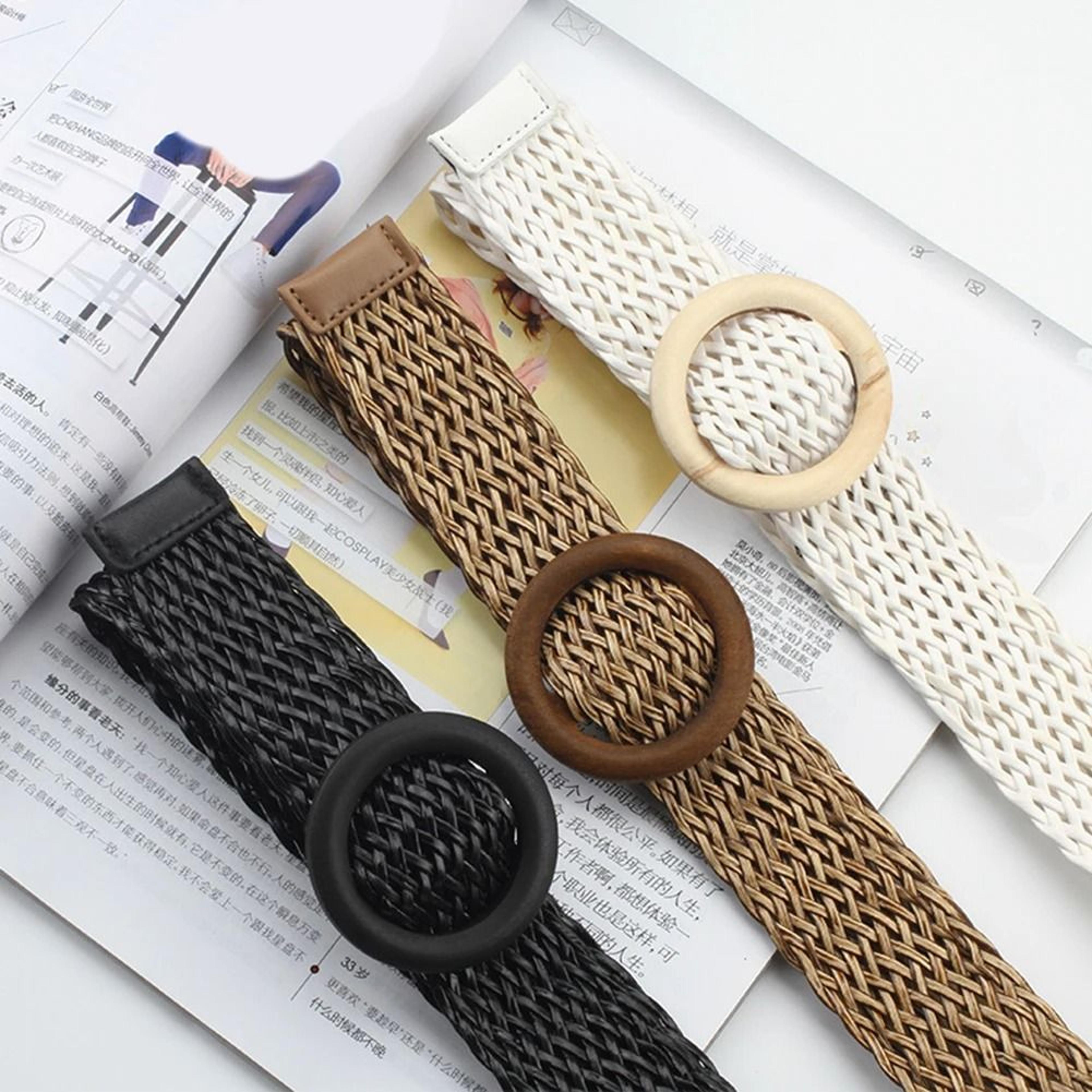 women's boho braided elastic stretch belt - vintage faux straw woven waistband with buckle for dresses