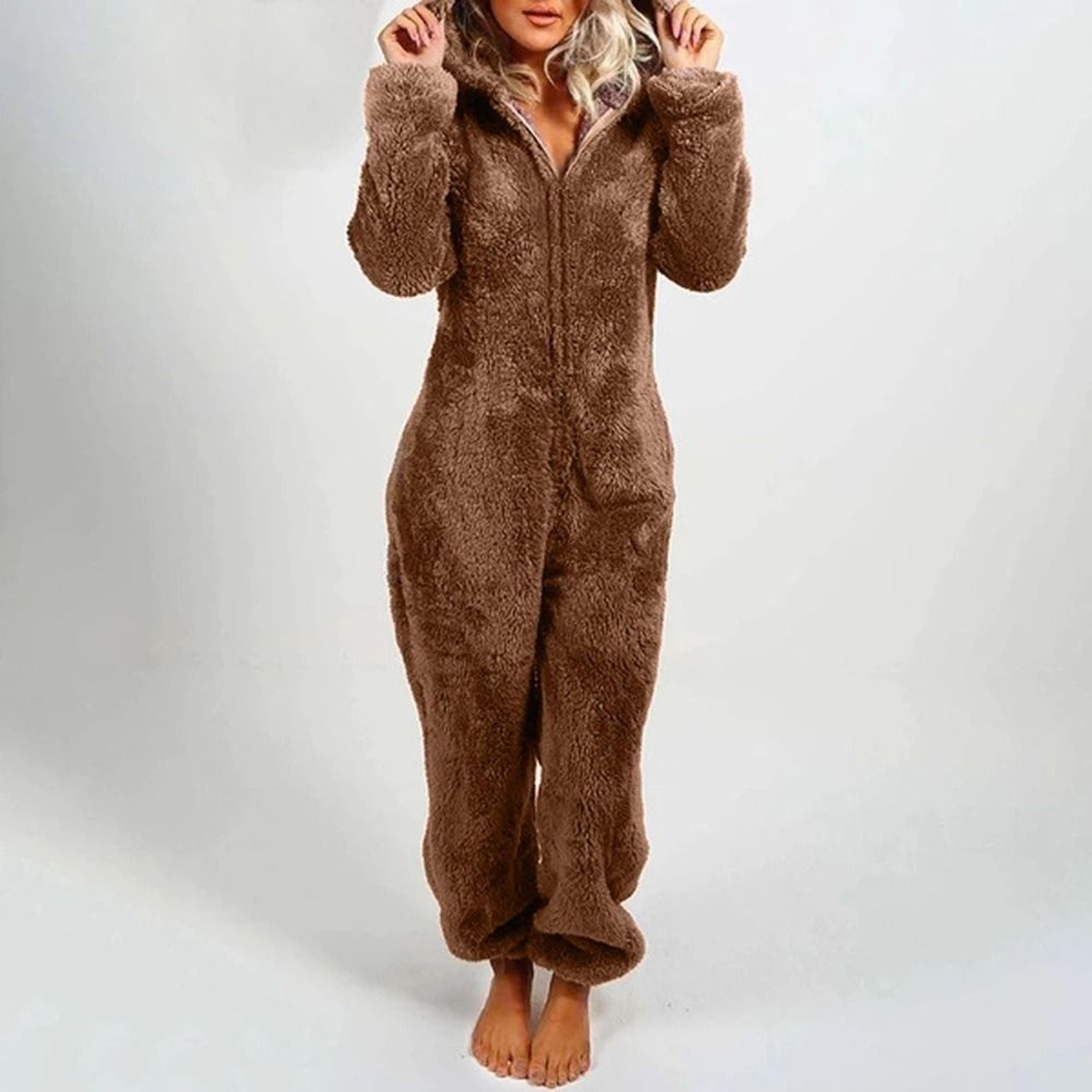 women's plush flannel hooded romper - warm autumn & winter long-sleeve zipper onesie pajamas