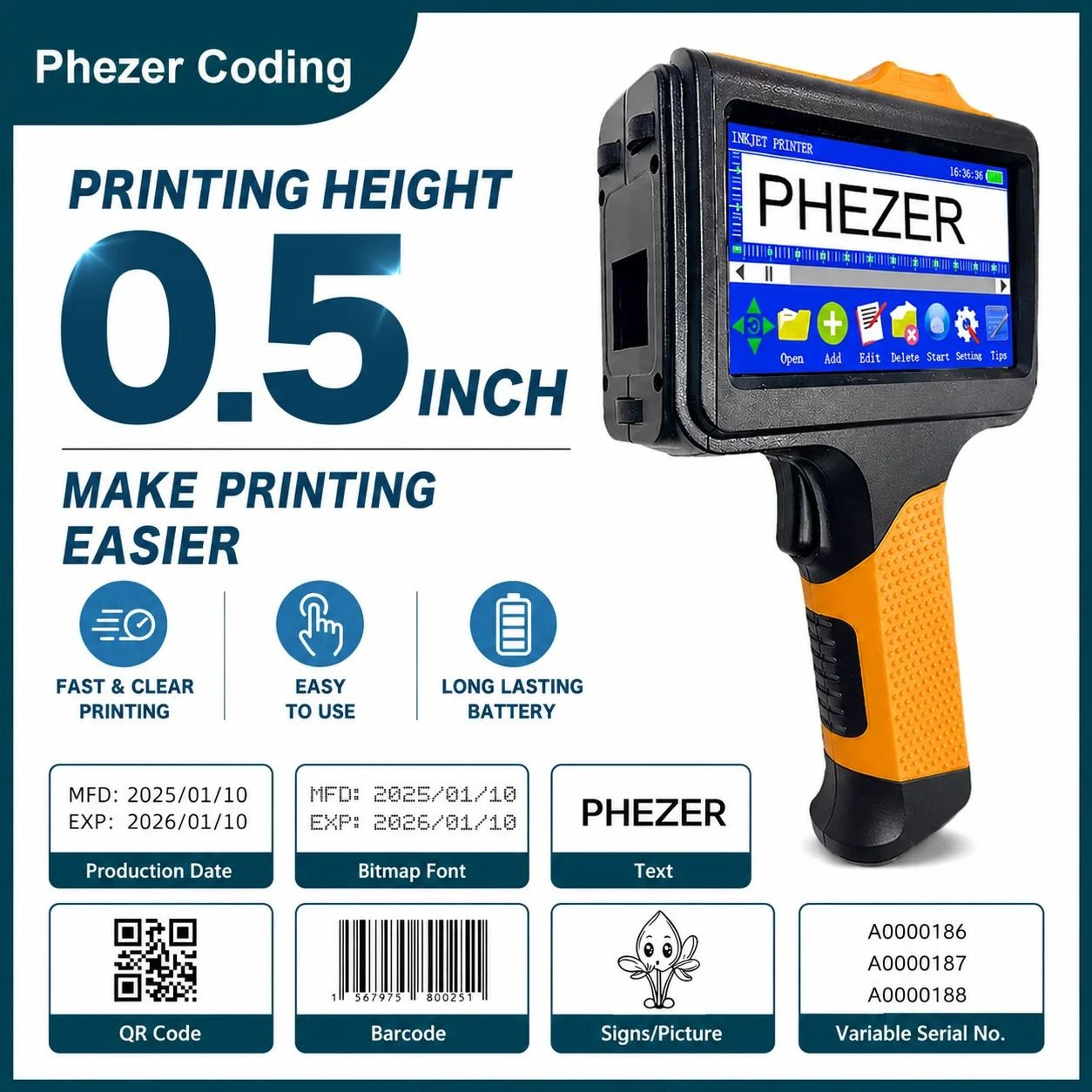 phezer p19 orange 12.7mm handheld inkjet printer & portable expiration date coding machine