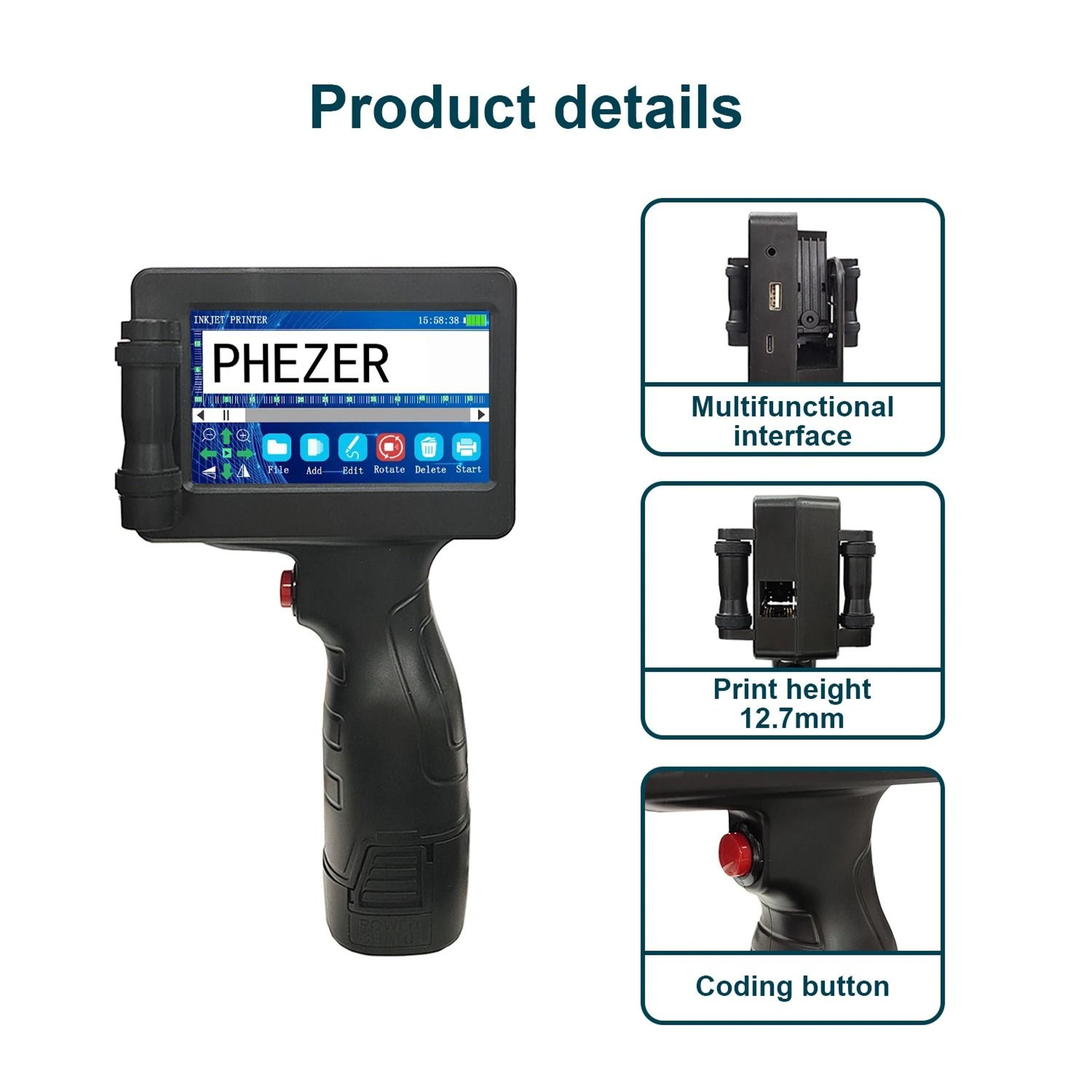 Phezer P17 Handheld Inkjet Printer 127mm Smart Batch Coding Machine 3