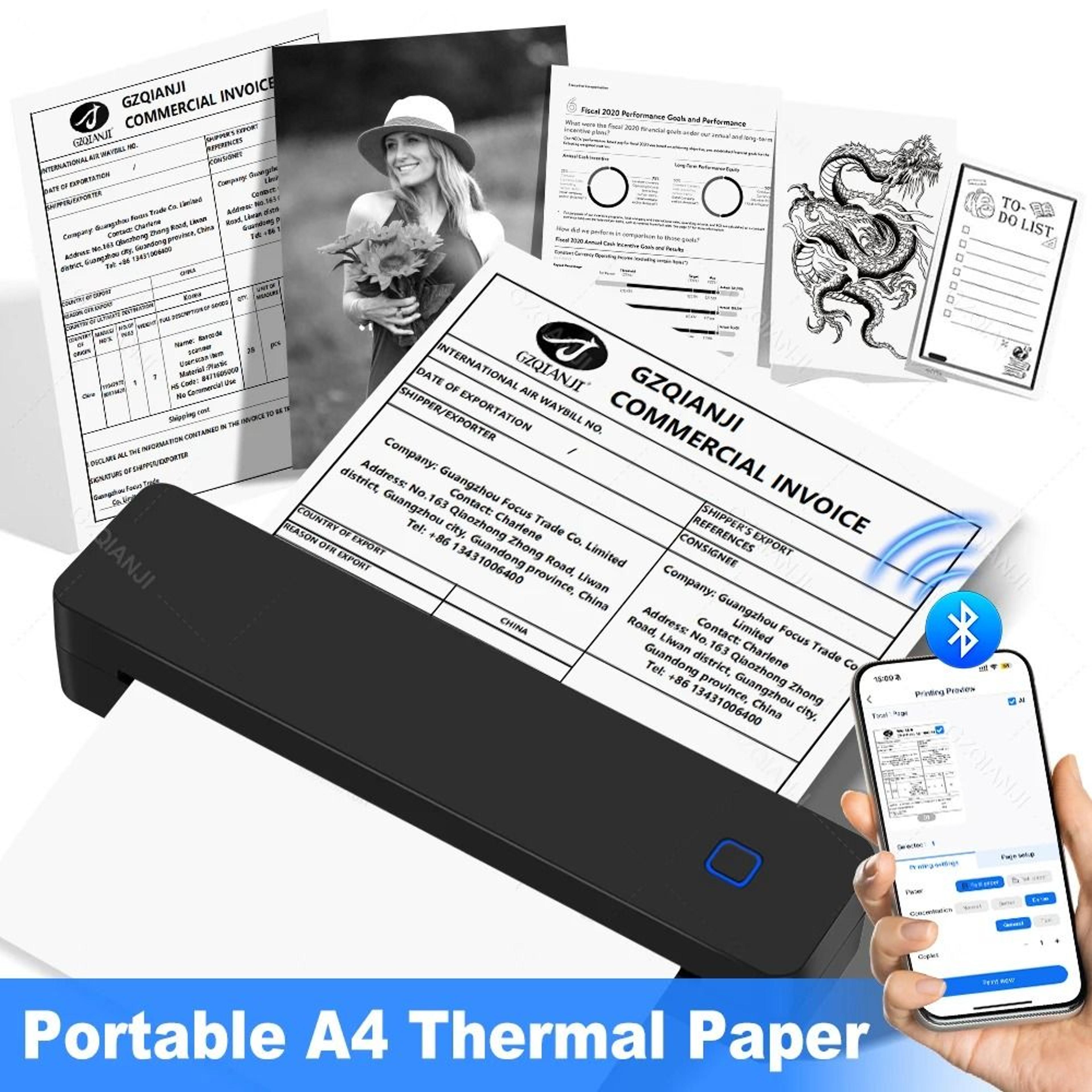 mini portable a4 thermal printer wireless bluetooth mobile document & photo printer for office, home & travel