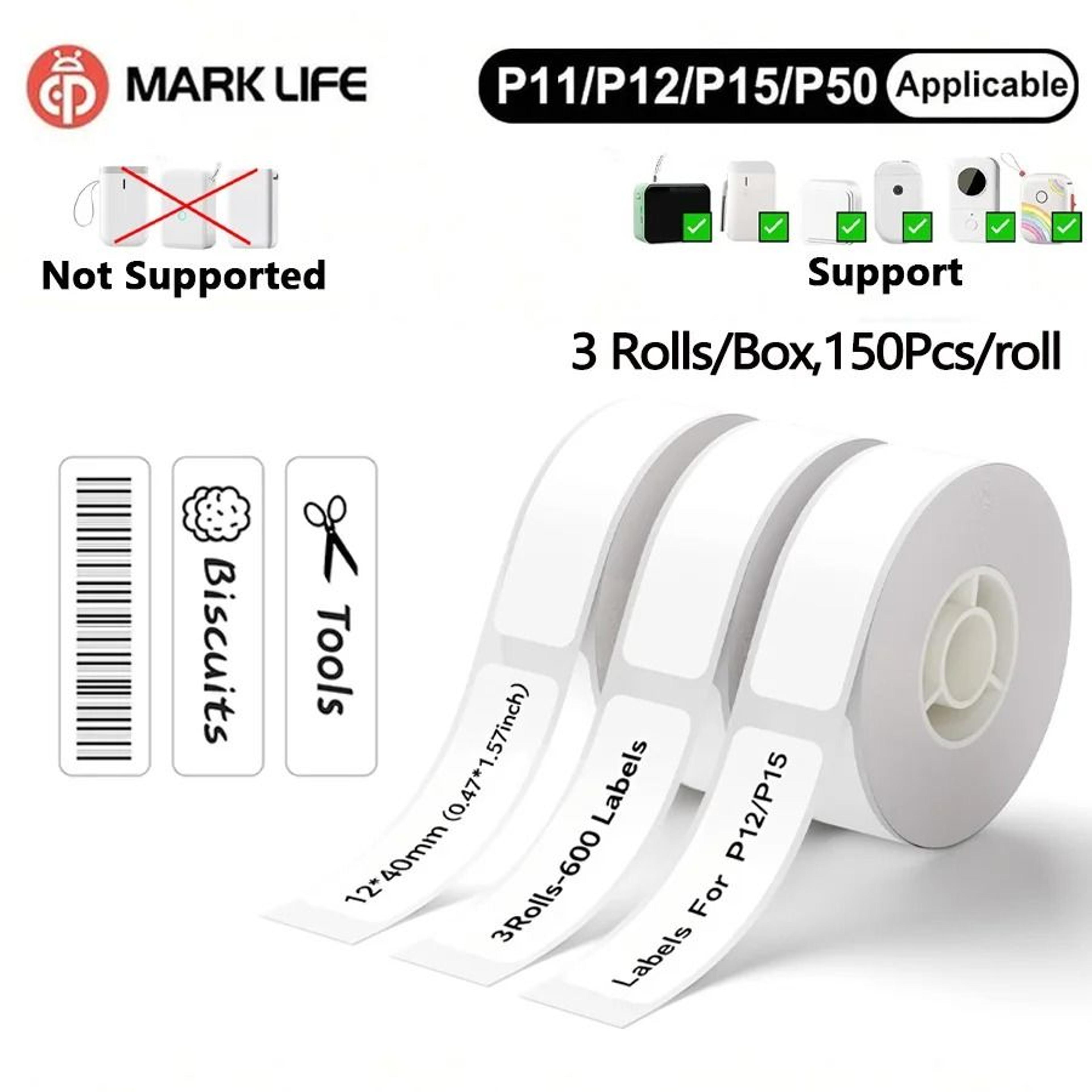 marklife 3-roll thermal label adhesive sticker tapes for marklife p15, p12, d30, m110, m220 & m1 printers