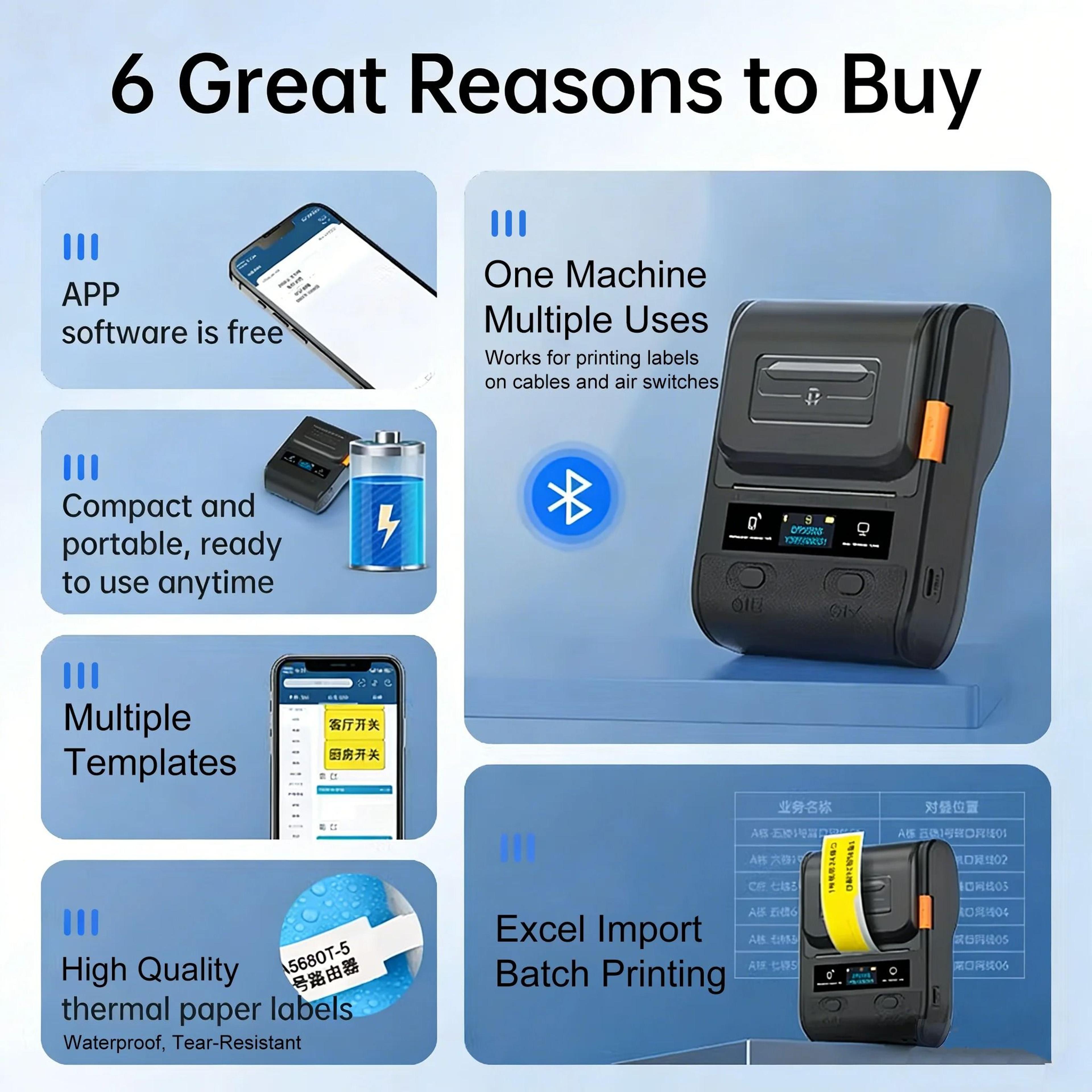 DETONGER DP230S 64mm Portable Smart Thermal Label Printer Wireless Bluetooth Barcode QR Code Cable  2