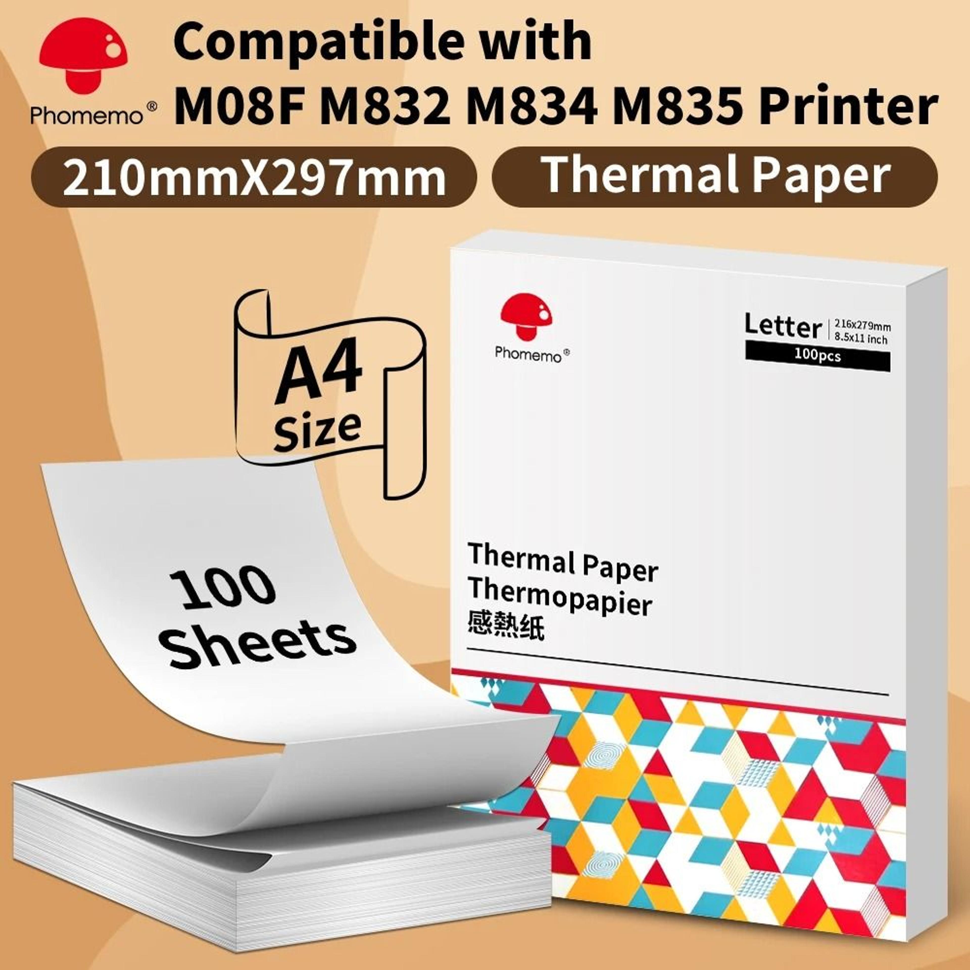 phomemo a4 thermal paper letter size quick-dry continuous roll refill for m832 m833 m834 m835 printers (2 rolls)