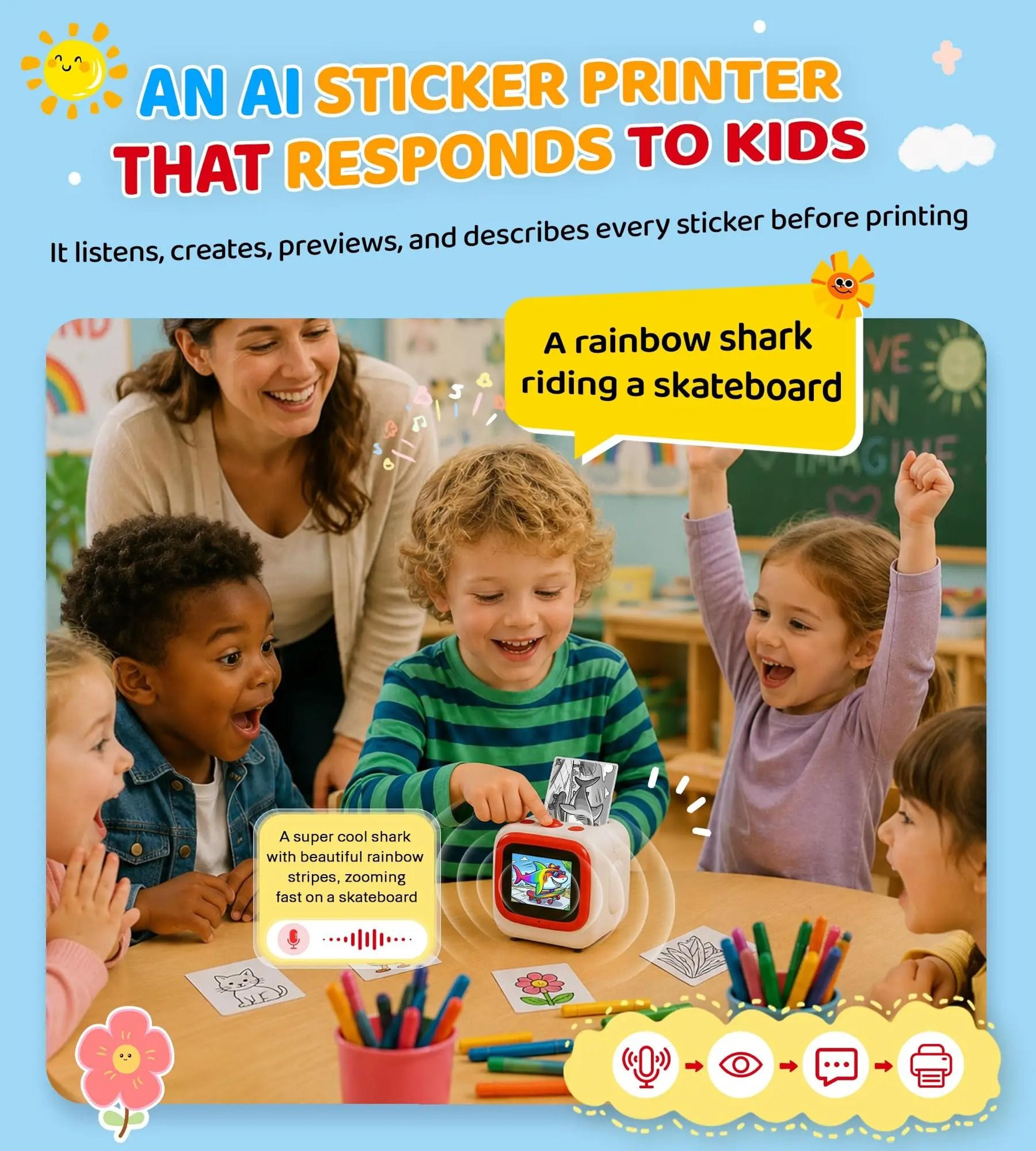 AI Sticker Printer For Kids VoiceActivated Mini Thermal Printer With 24Inch IPS Screen  WiFi 2