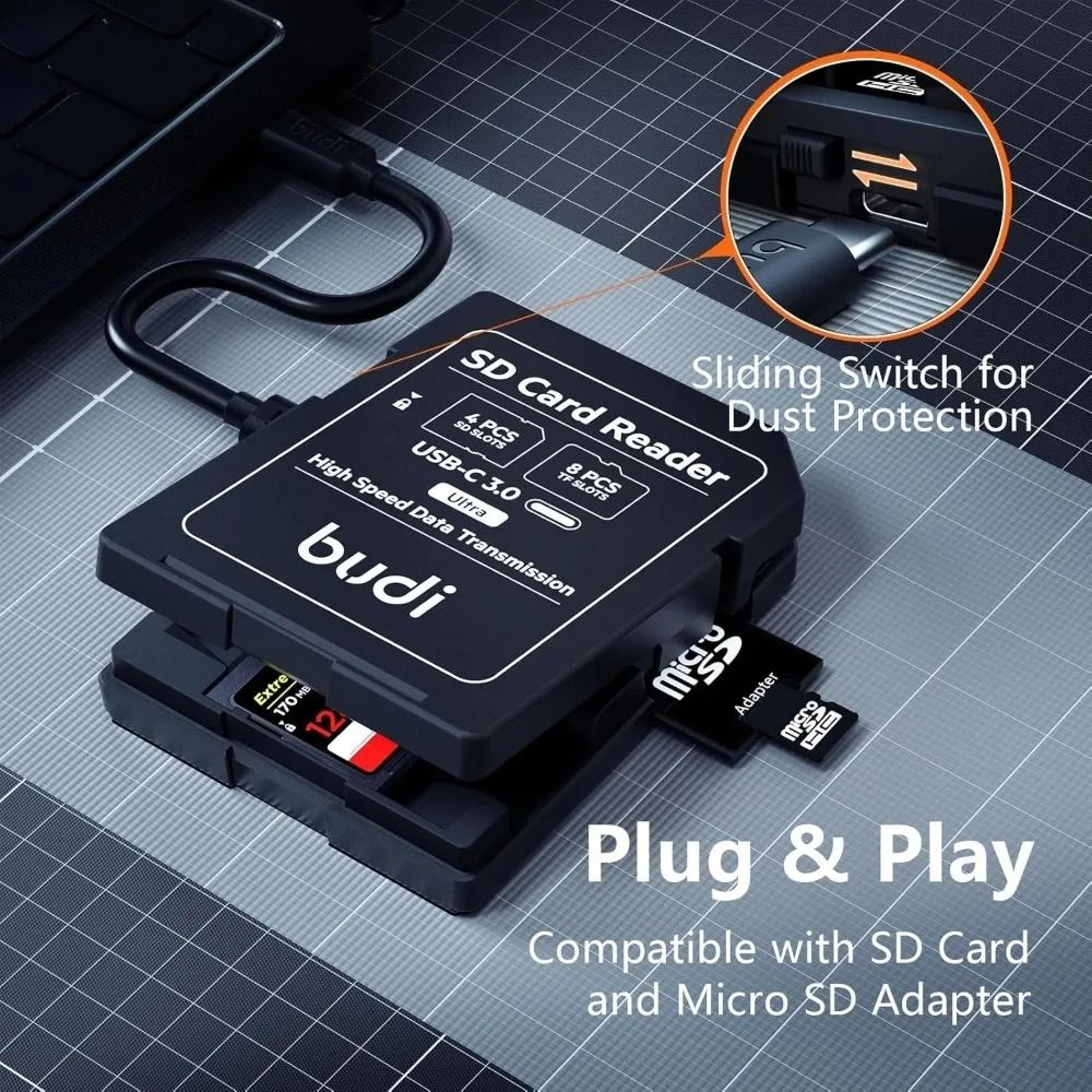 BUDI MultiSlot SD  TF Memory Card Storage Case With HighSpeed USBC Card Reader 1