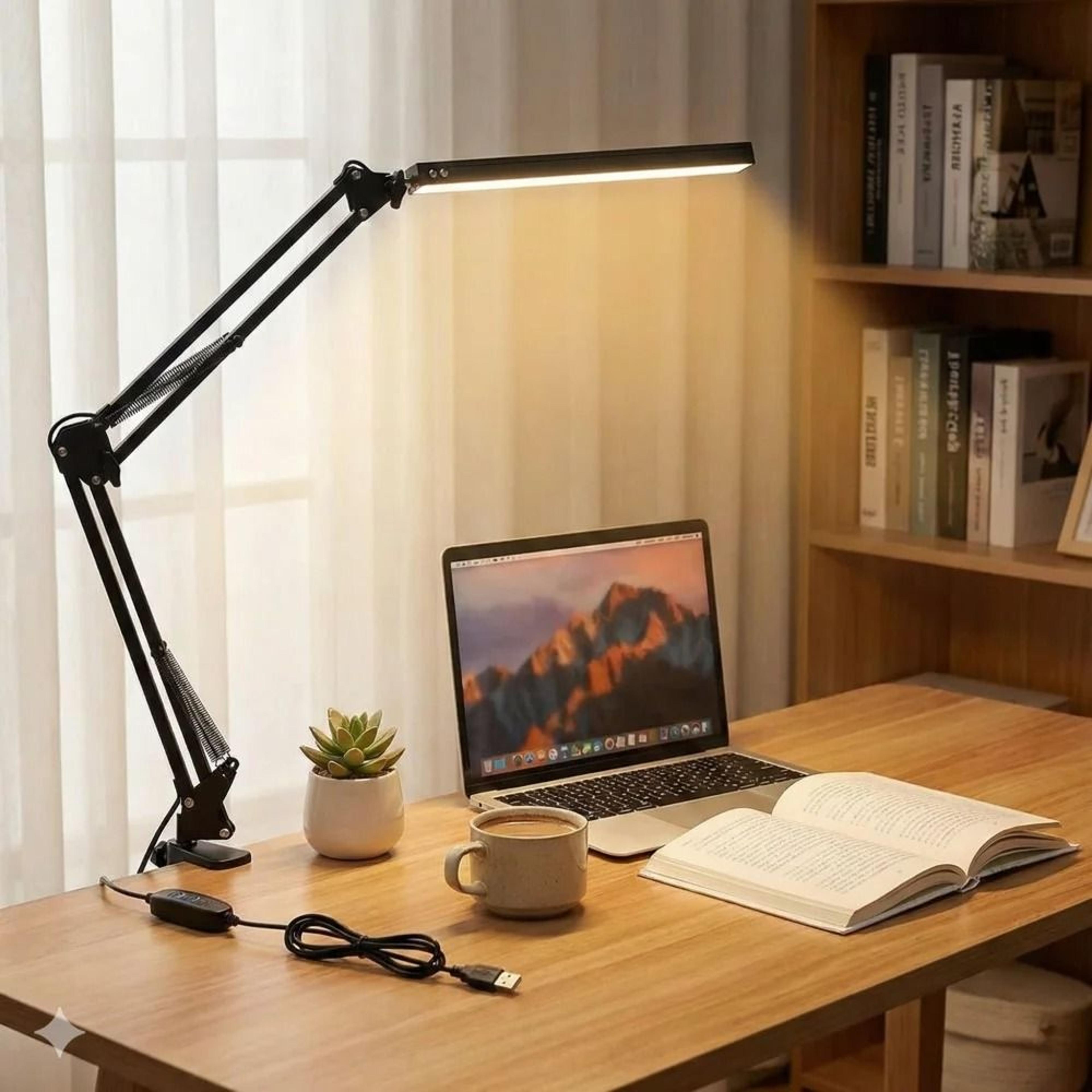 multifunction 4-headed folding led desk lamp with integrated cooling fan & base display