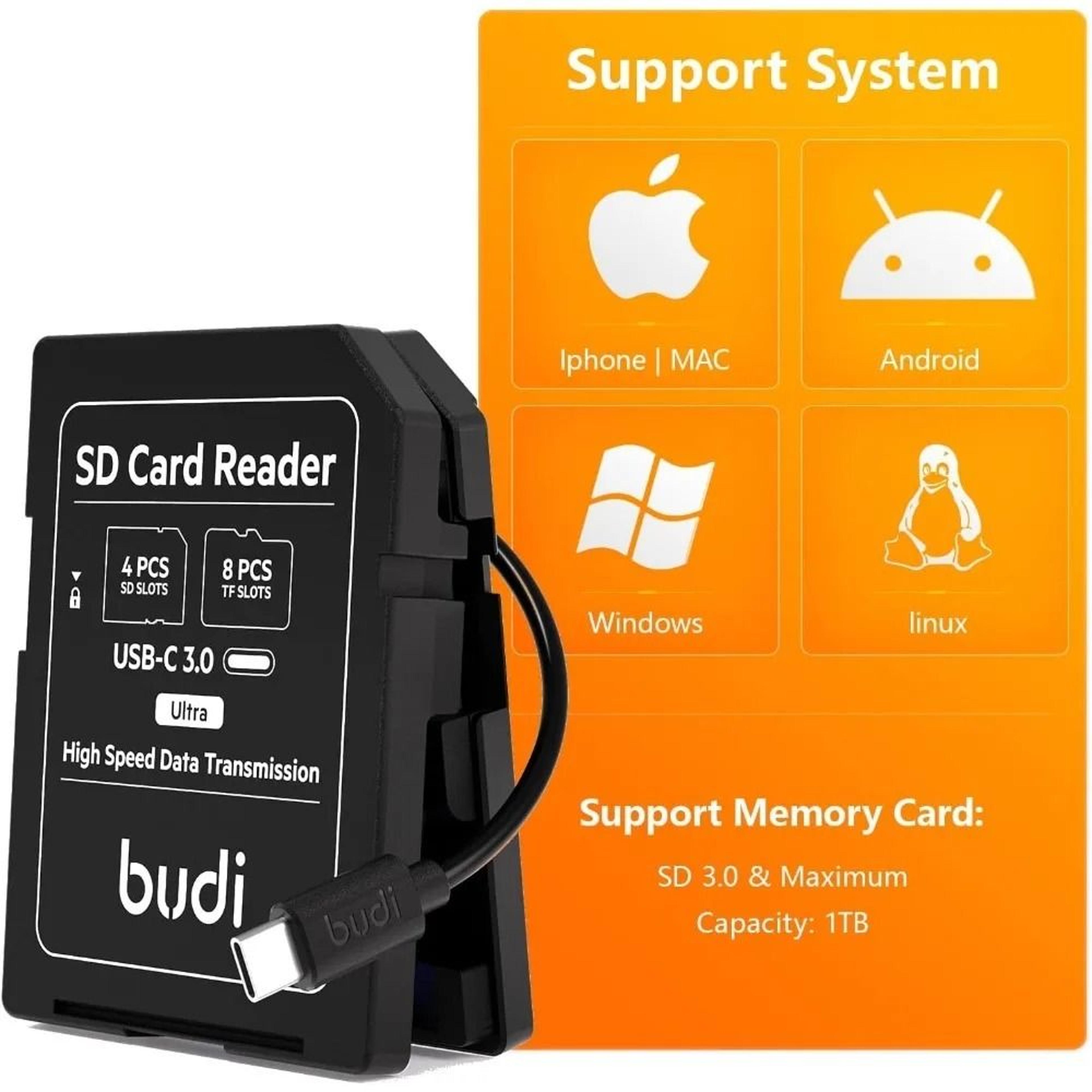 BUDI AllinOne MultiSlot SD Memory Card Storage Case  Dual USBA  TypeC HighSpeed Card Reader 2