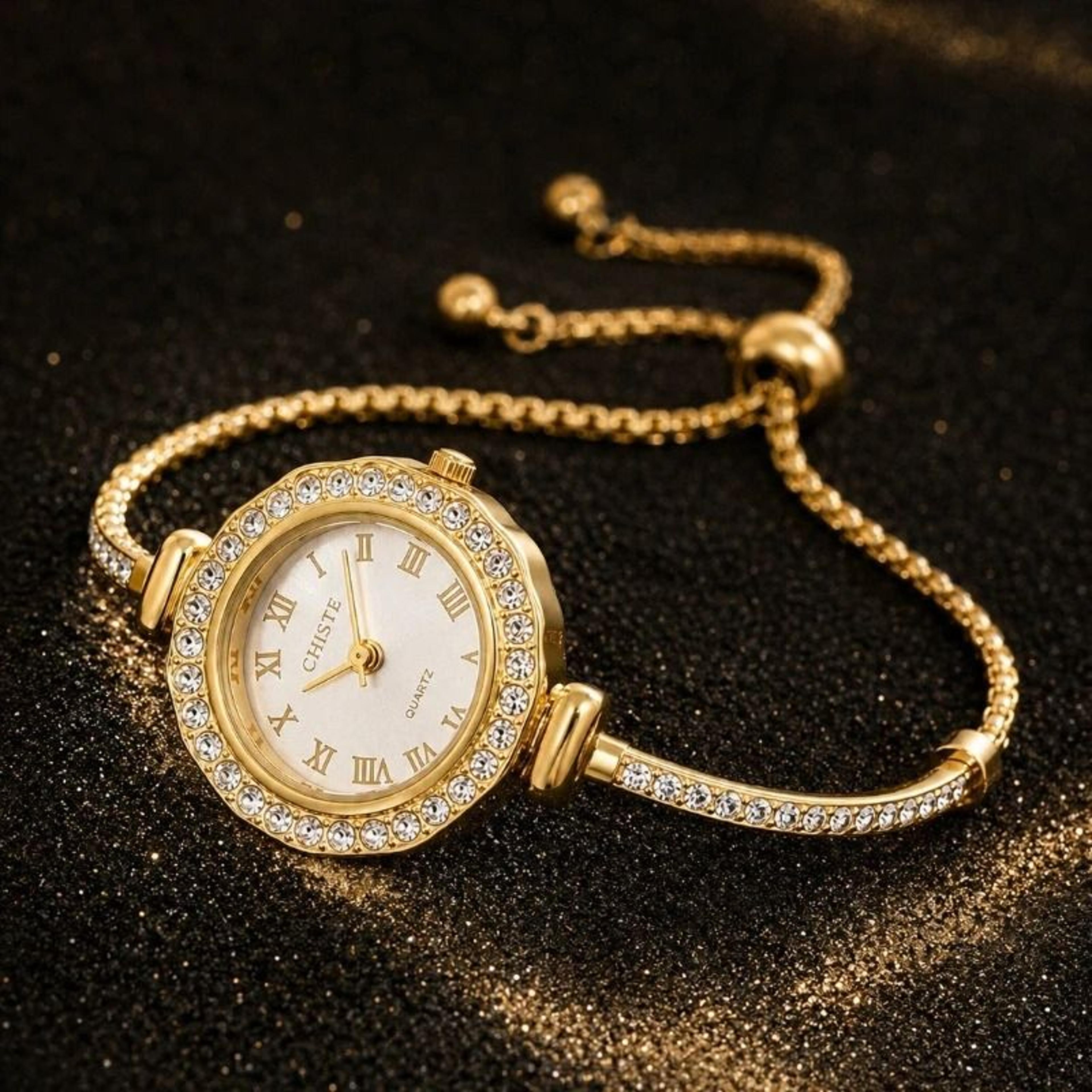 Luxury Rhinestone Quartz Watch  Slim Gold Bracelet Set For Women 2