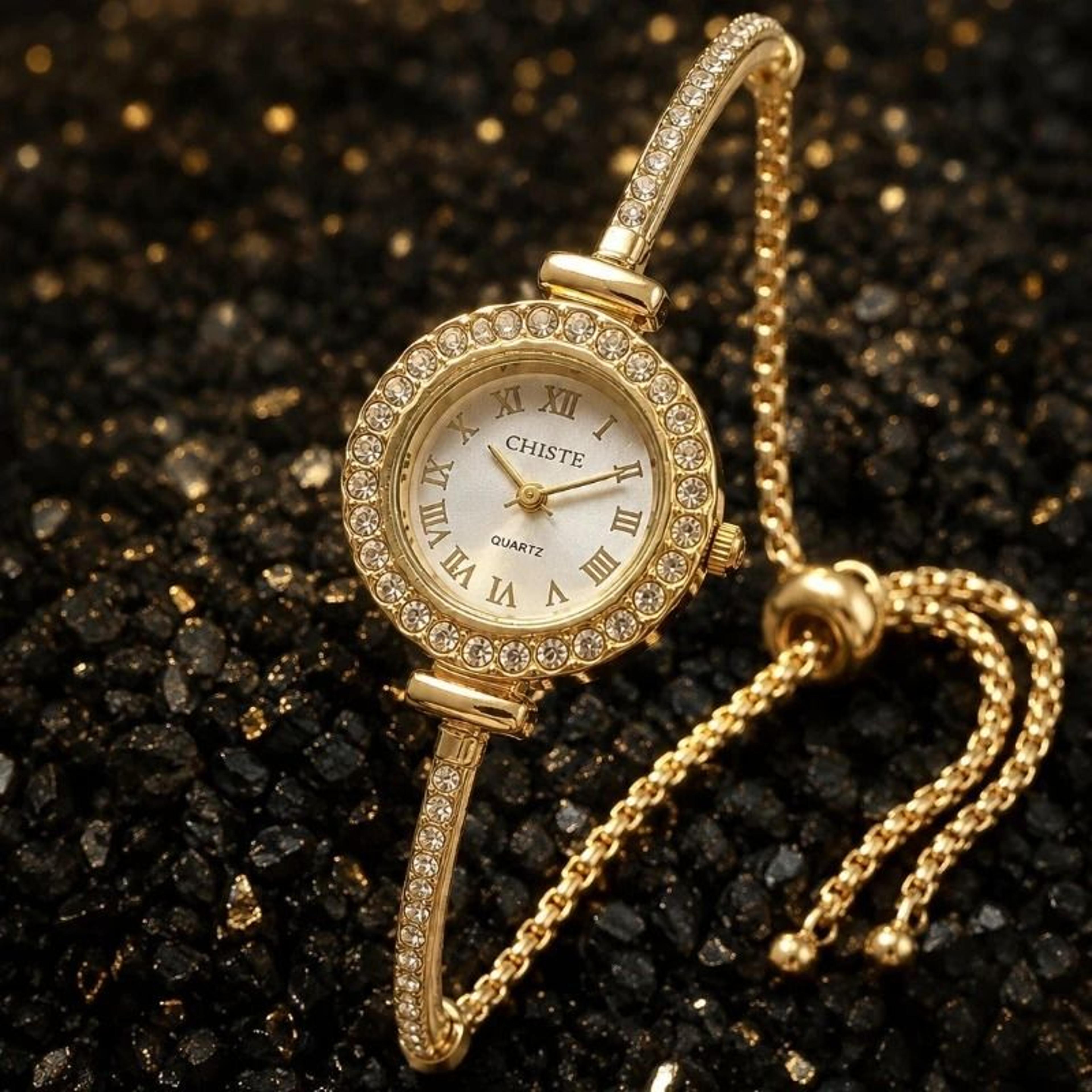 Luxury Rhinestone Quartz Watch  Slim Gold Bracelet Set For Women 3