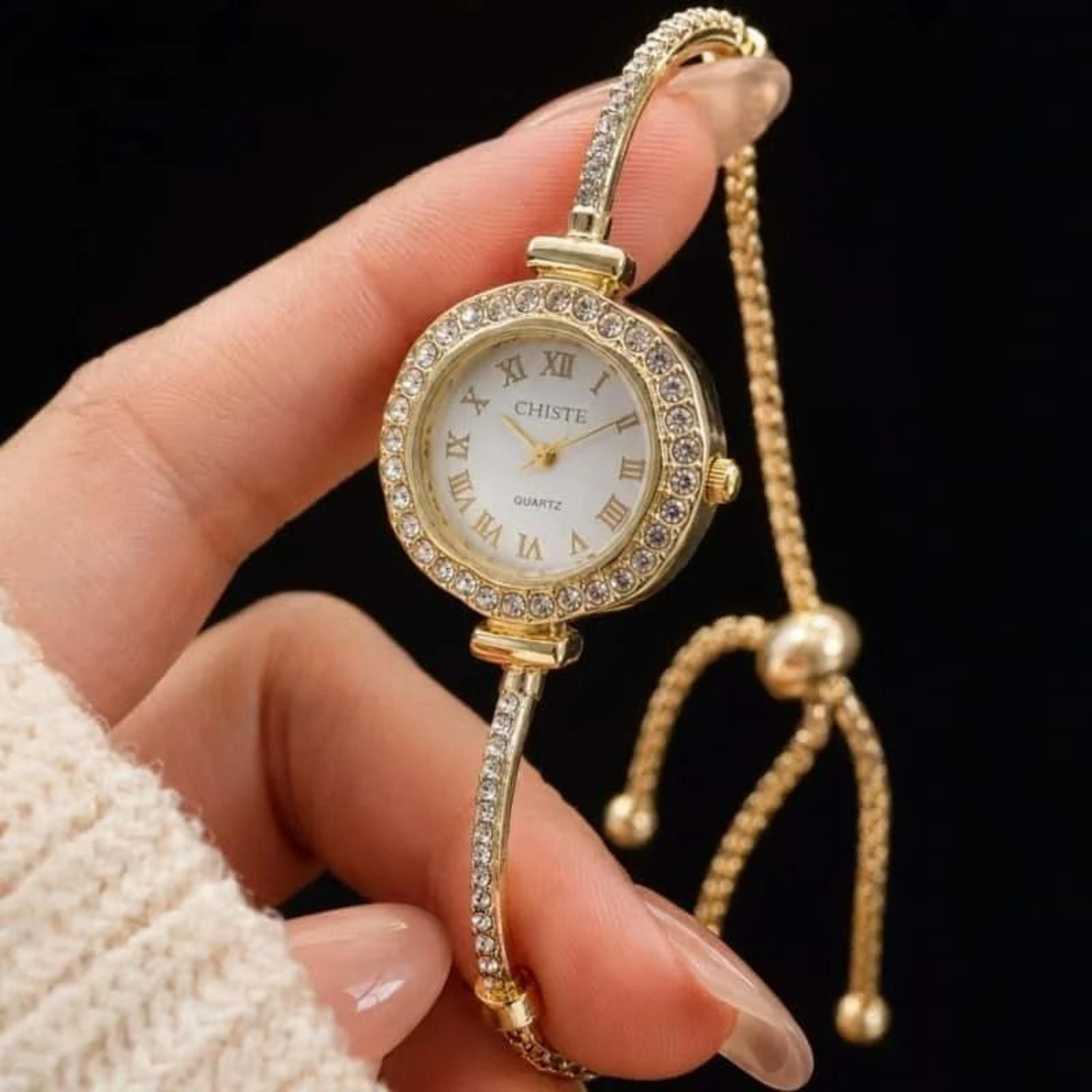 Luxury Rhinestone Quartz Watch  Slim Gold Bracelet Set For Women 6