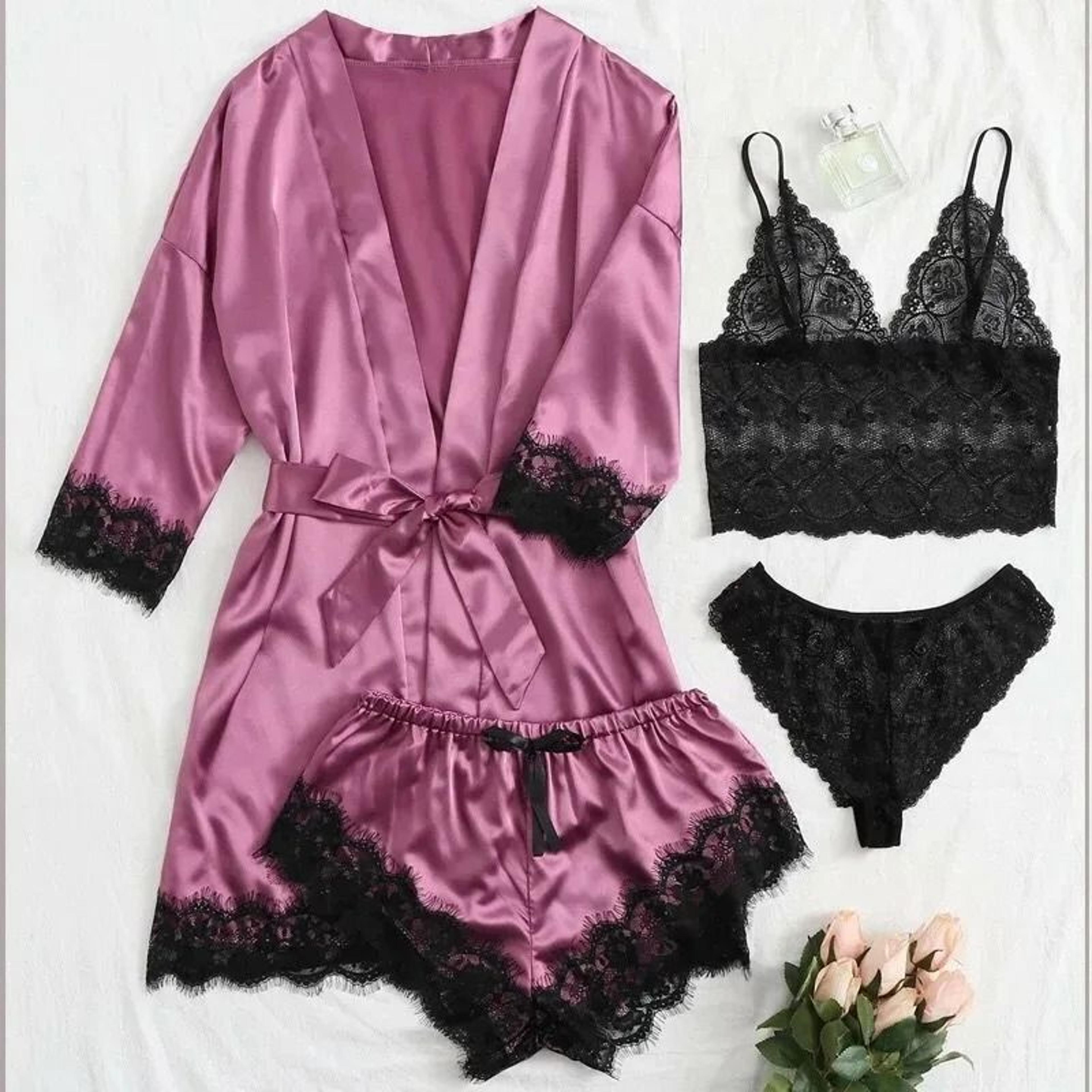 Womens 4Piece Lace Satin Pajama Set With Robe Cami Top  Shorts Loungewear 2