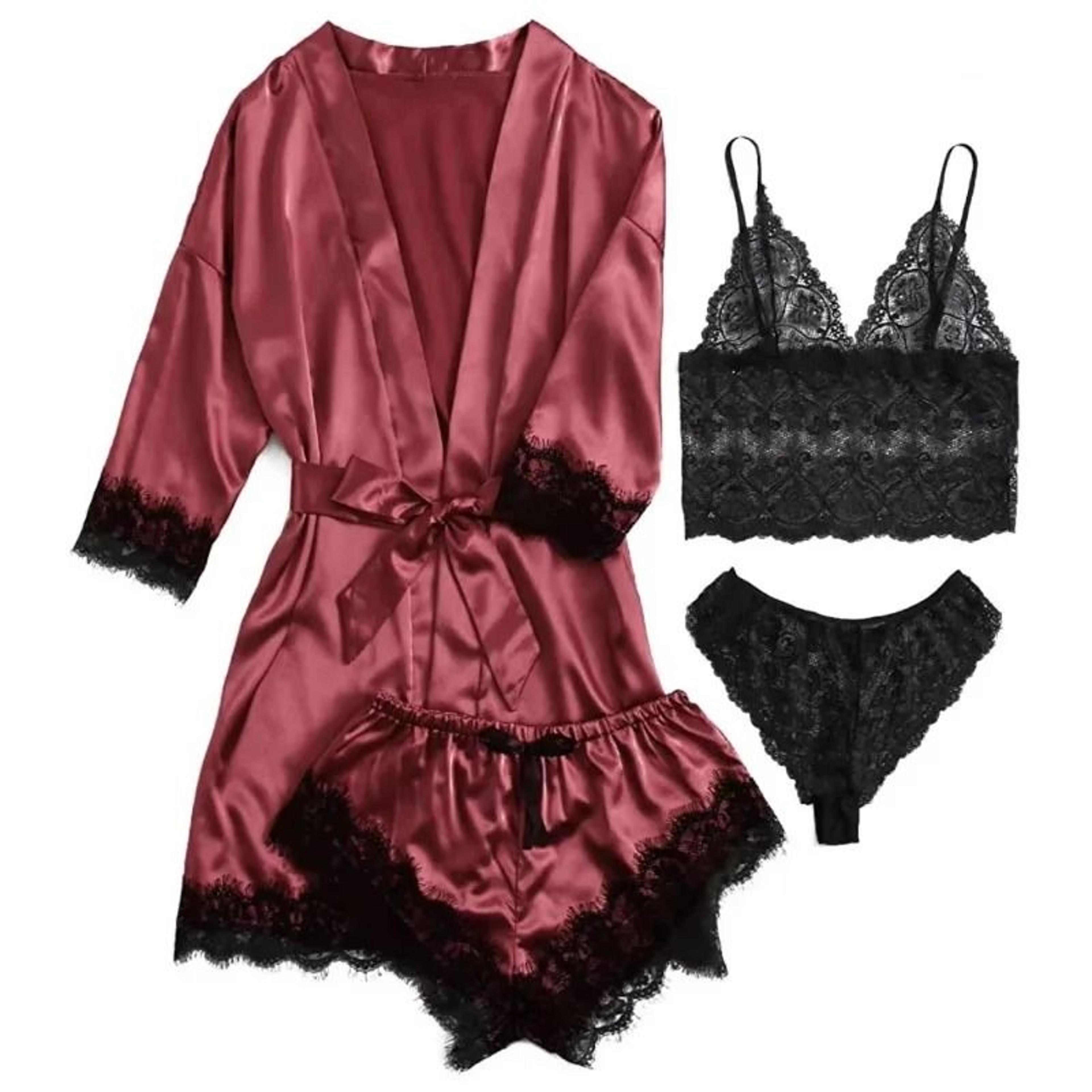 Womens 4Piece Lace Satin Pajama Set With Robe Cami Top  Shorts Loungewear 1
