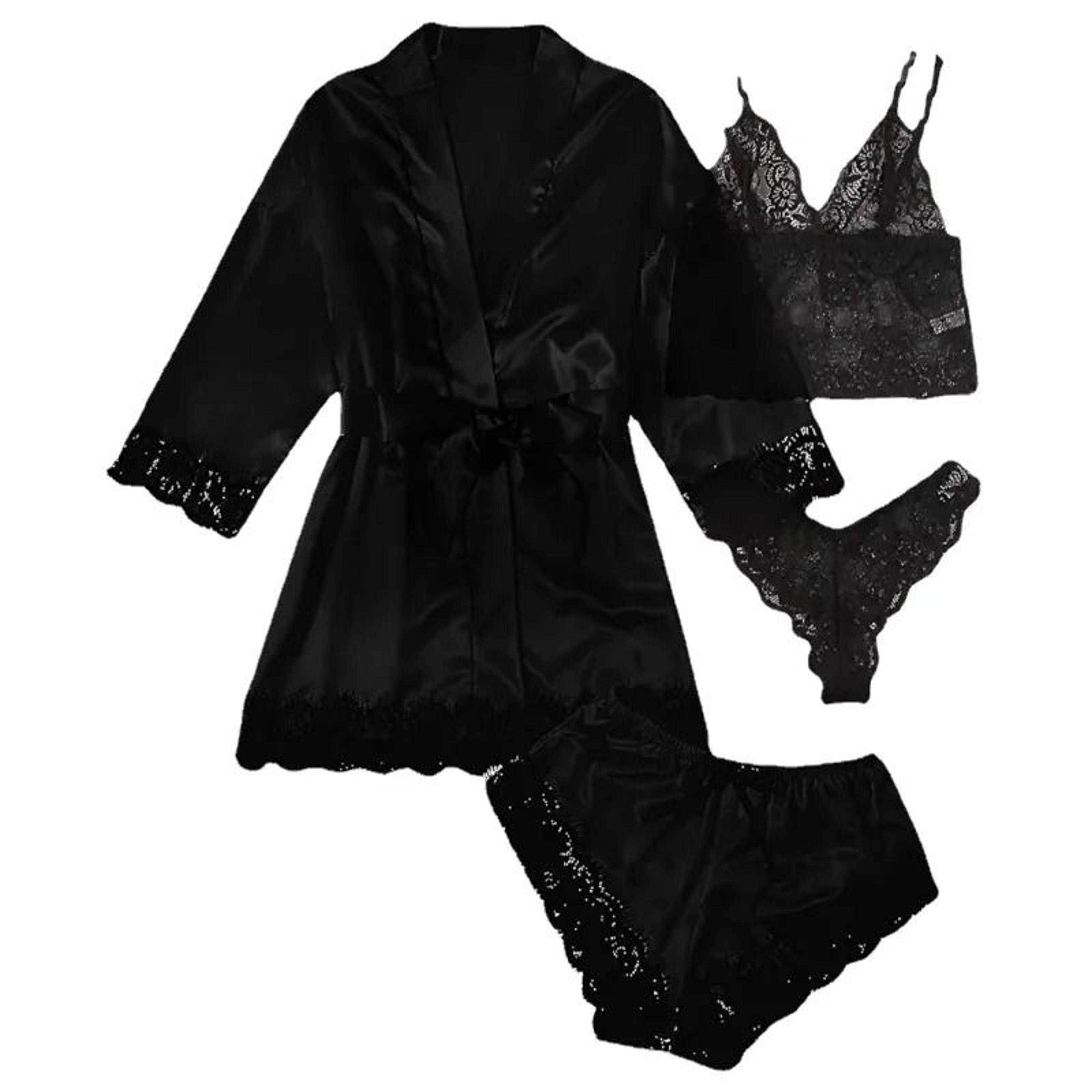 Womens 4Piece Lace Satin Pajama Set With Robe Cami Top  Shorts Loungewear 5