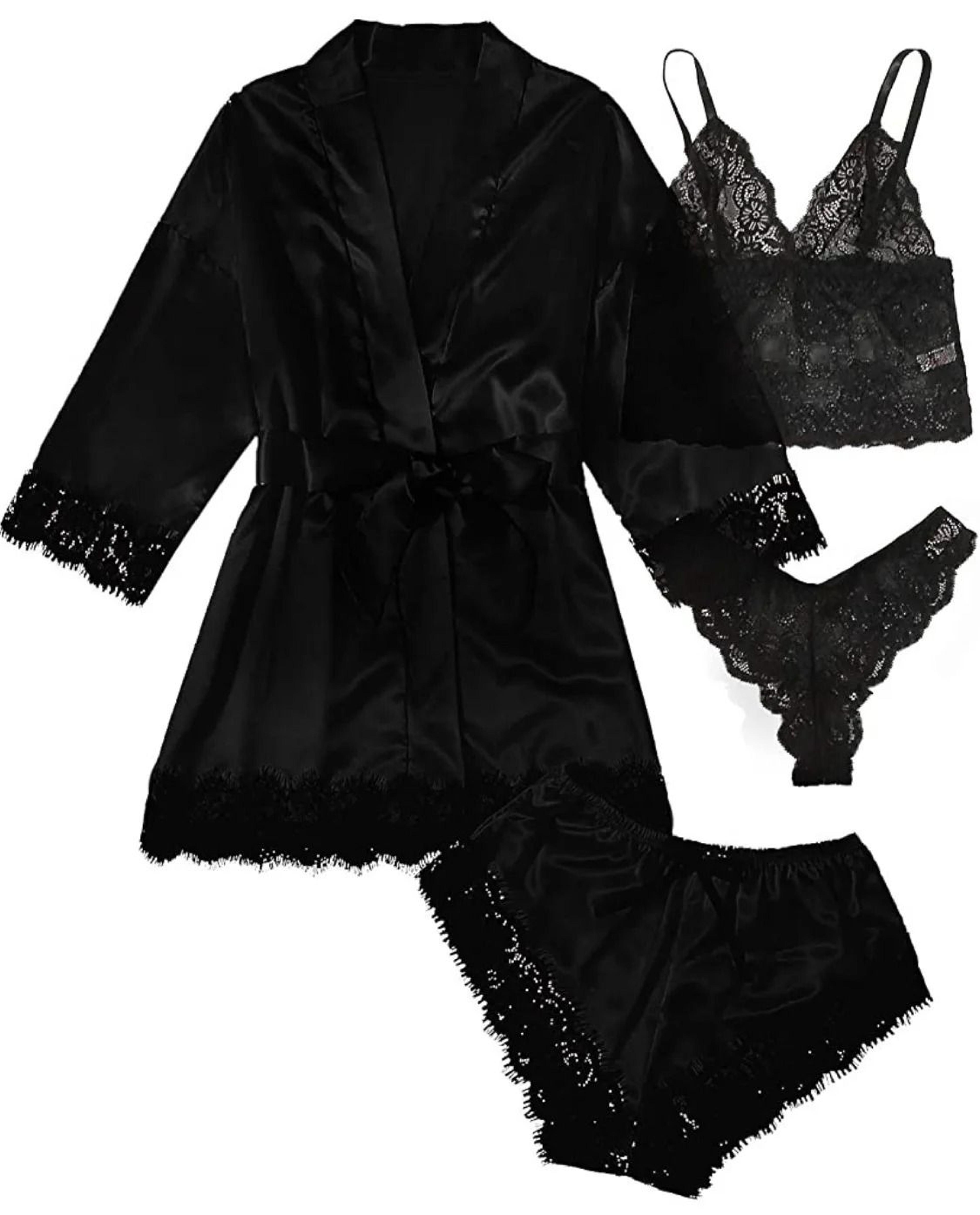 Womens 4Piece Lace Satin Pajama Set With Robe Cami Top  Shorts Loungewear 10