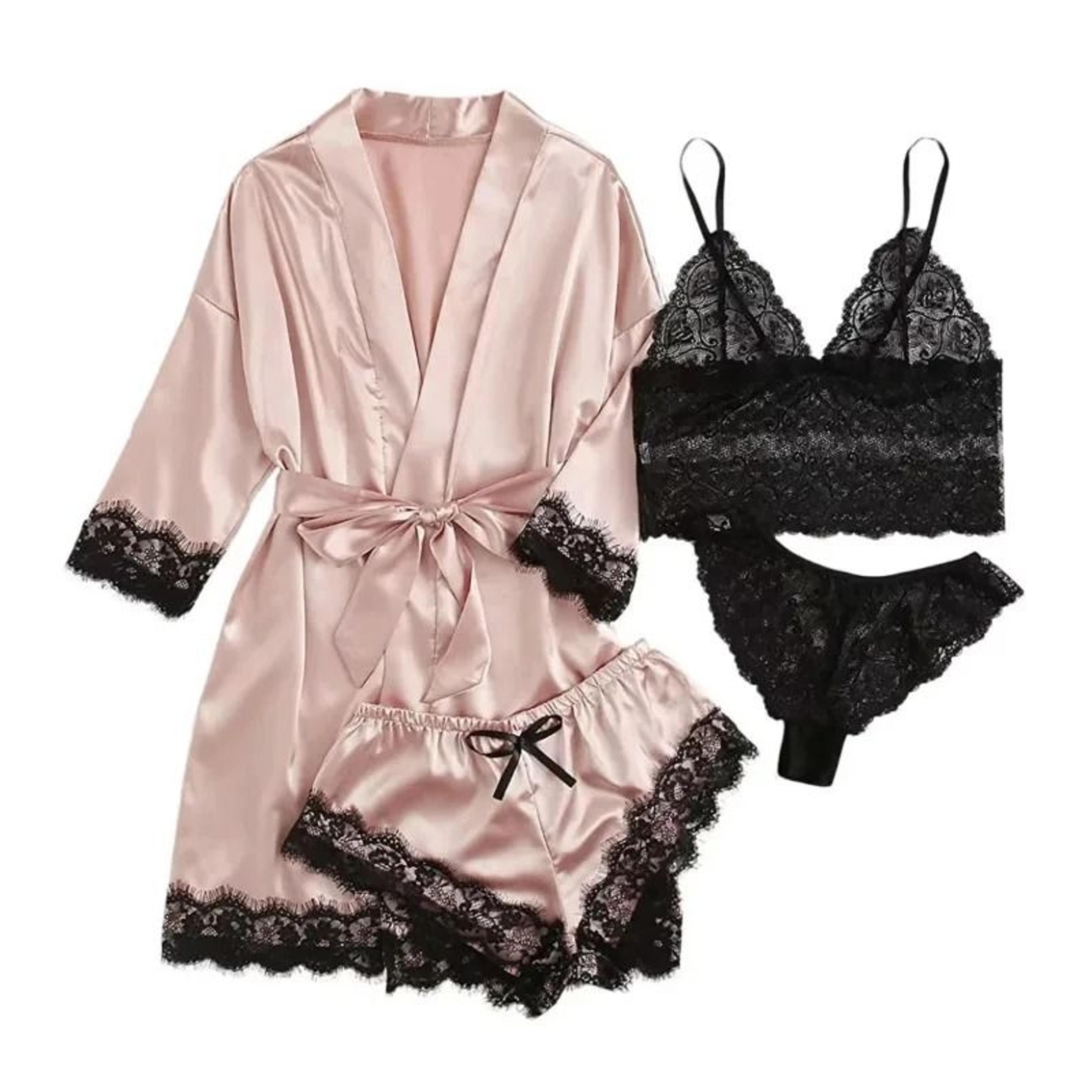 Womens 4Piece Lace Satin Pajama Set With Robe Cami Top  Shorts Loungewear 3