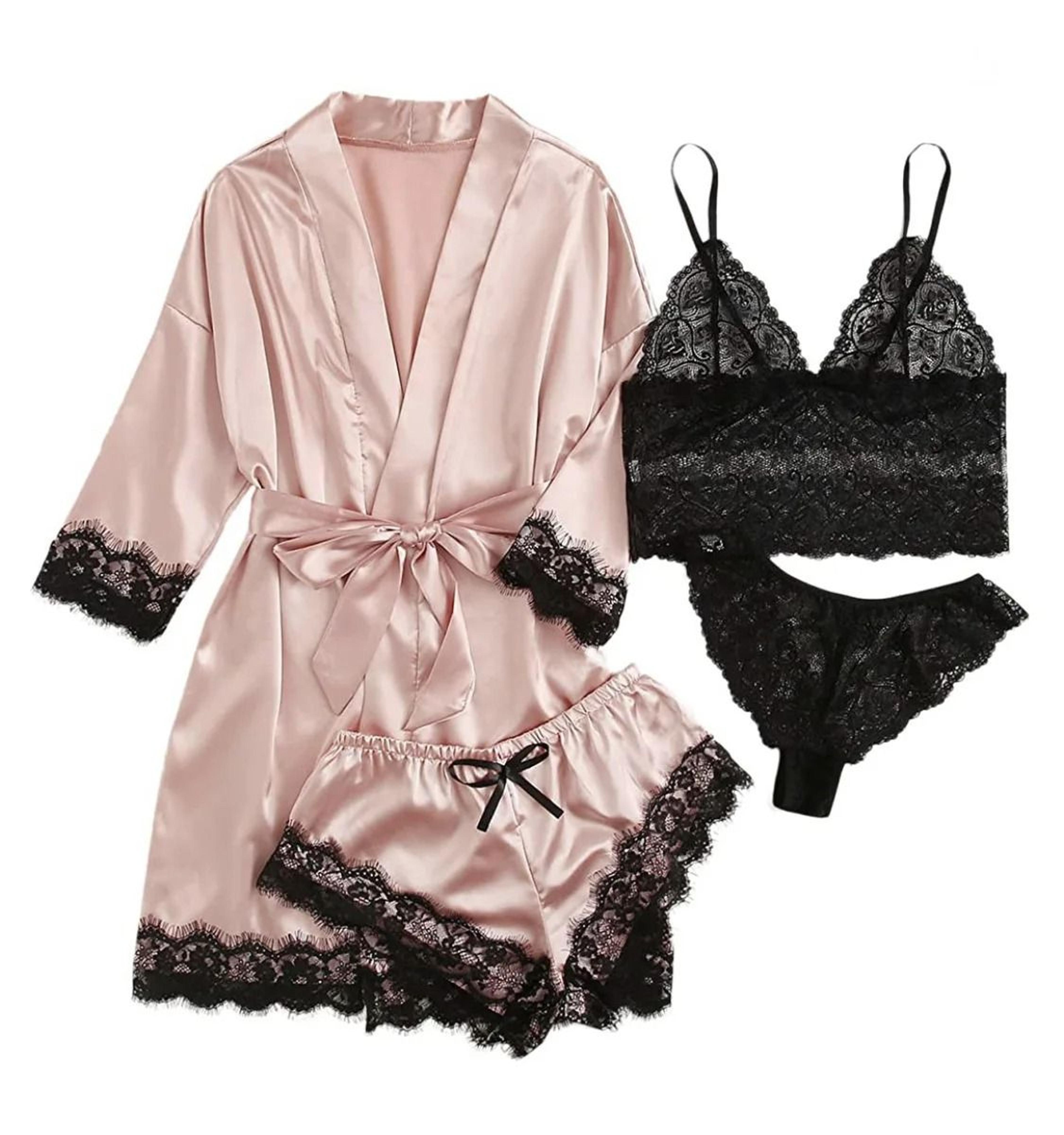 Womens 4Piece Lace Satin Pajama Set With Robe Cami Top  Shorts Loungewear 7