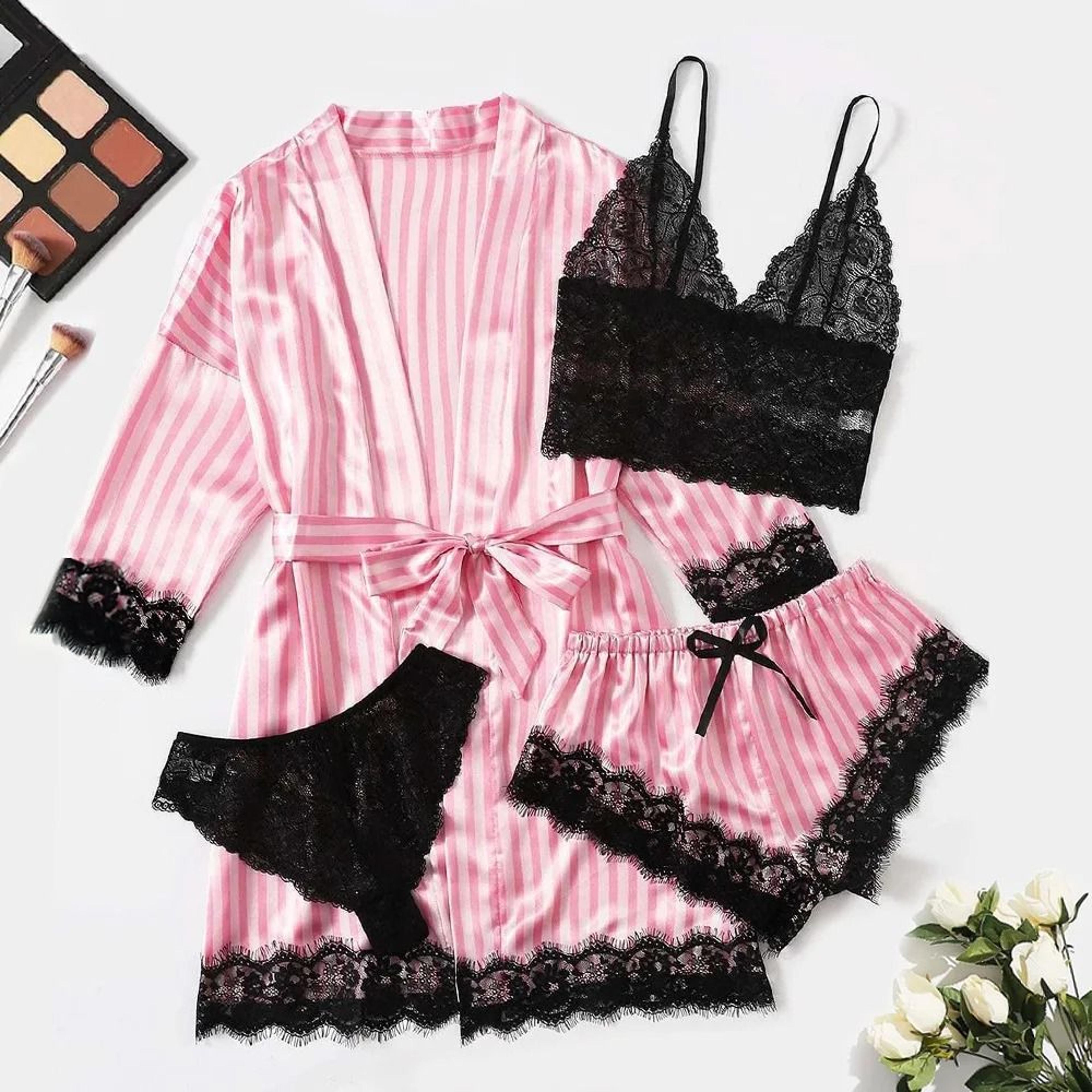 Womens 4Piece Lace Satin Pajama Set With Robe Cami Top  Shorts Loungewear 6