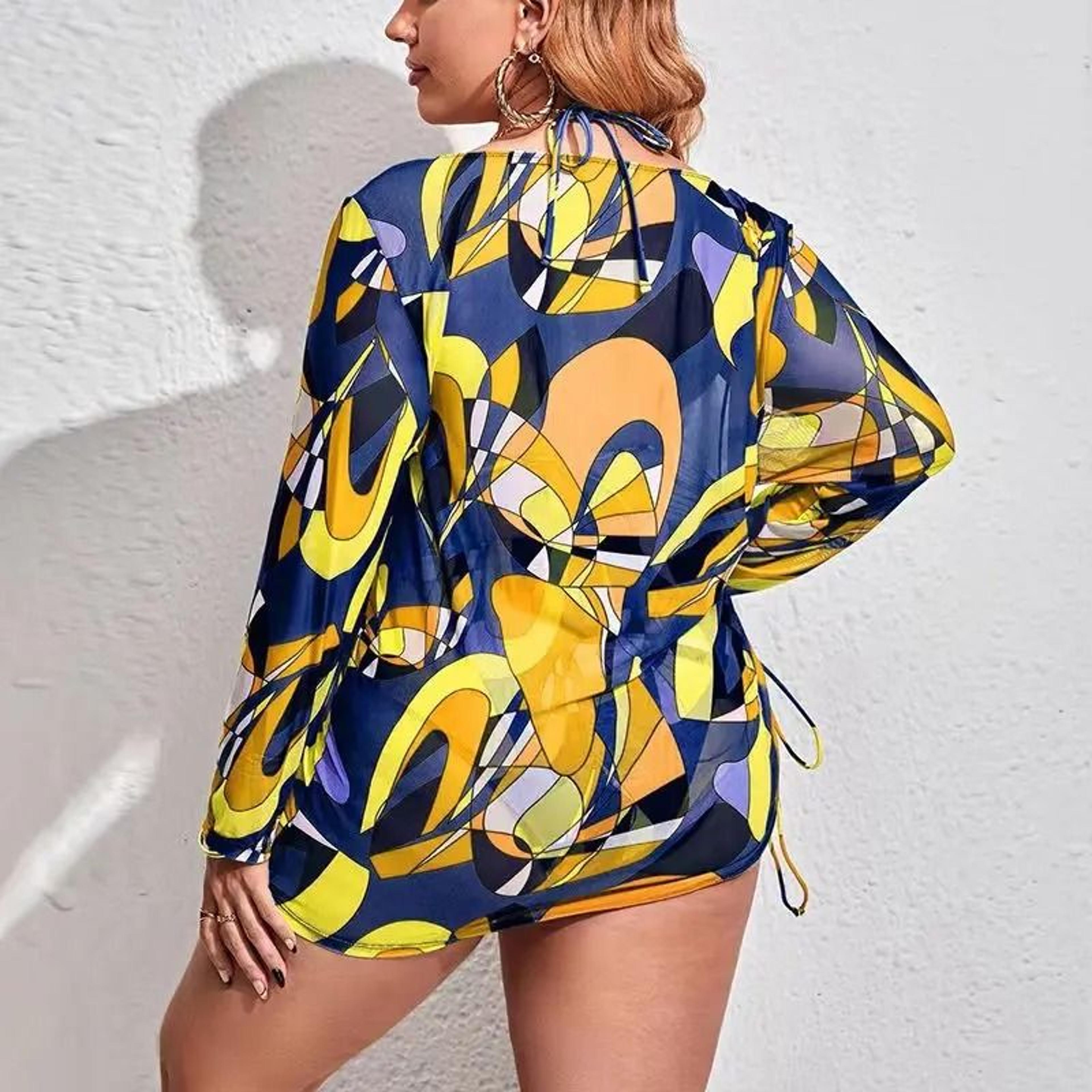 Womens 3Piece Plus Size Split Swimsuit Set With Digital Print Mesh Gauze Smock 1