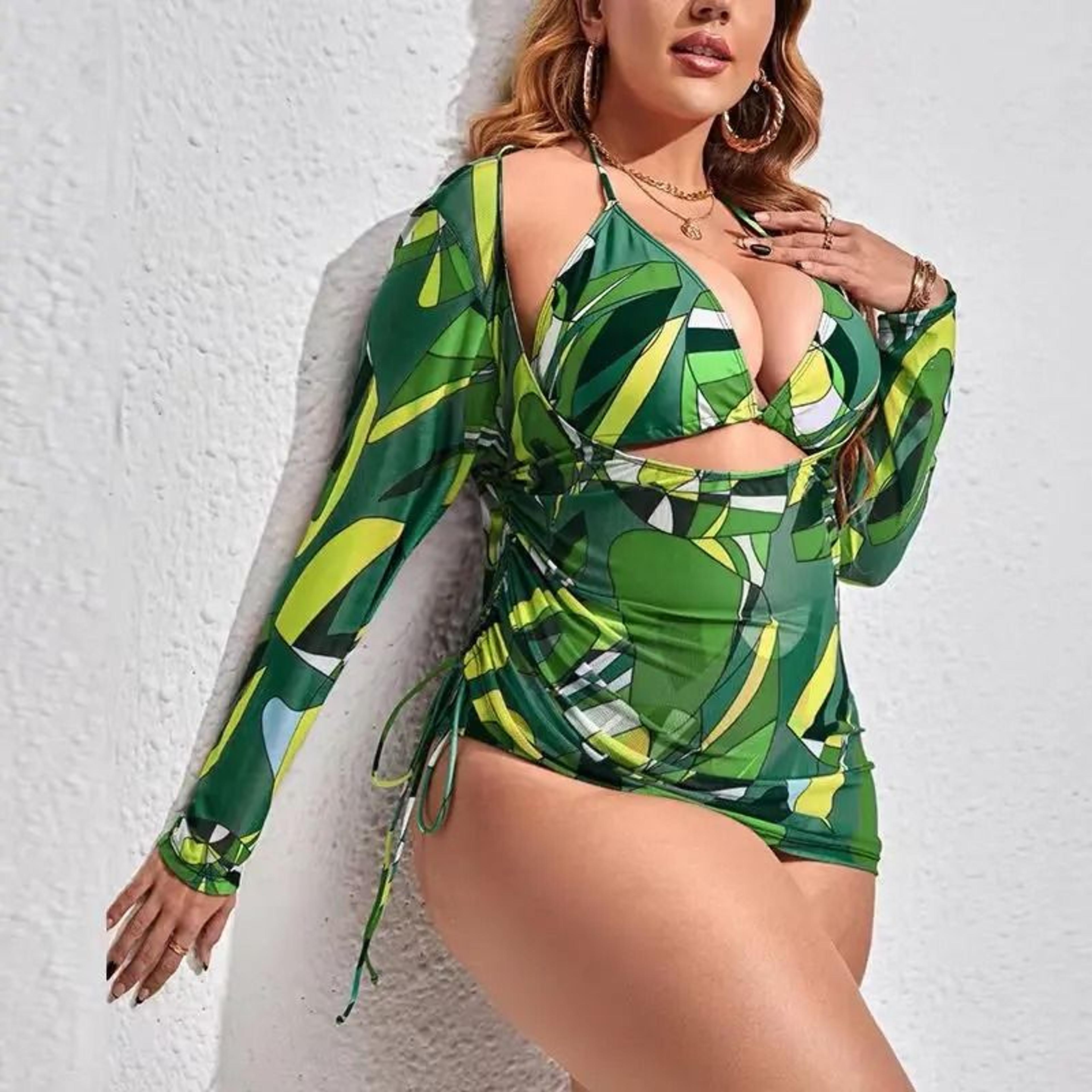 Womens 3Piece Plus Size Split Swimsuit Set With Digital Print Mesh Gauze Smock 7