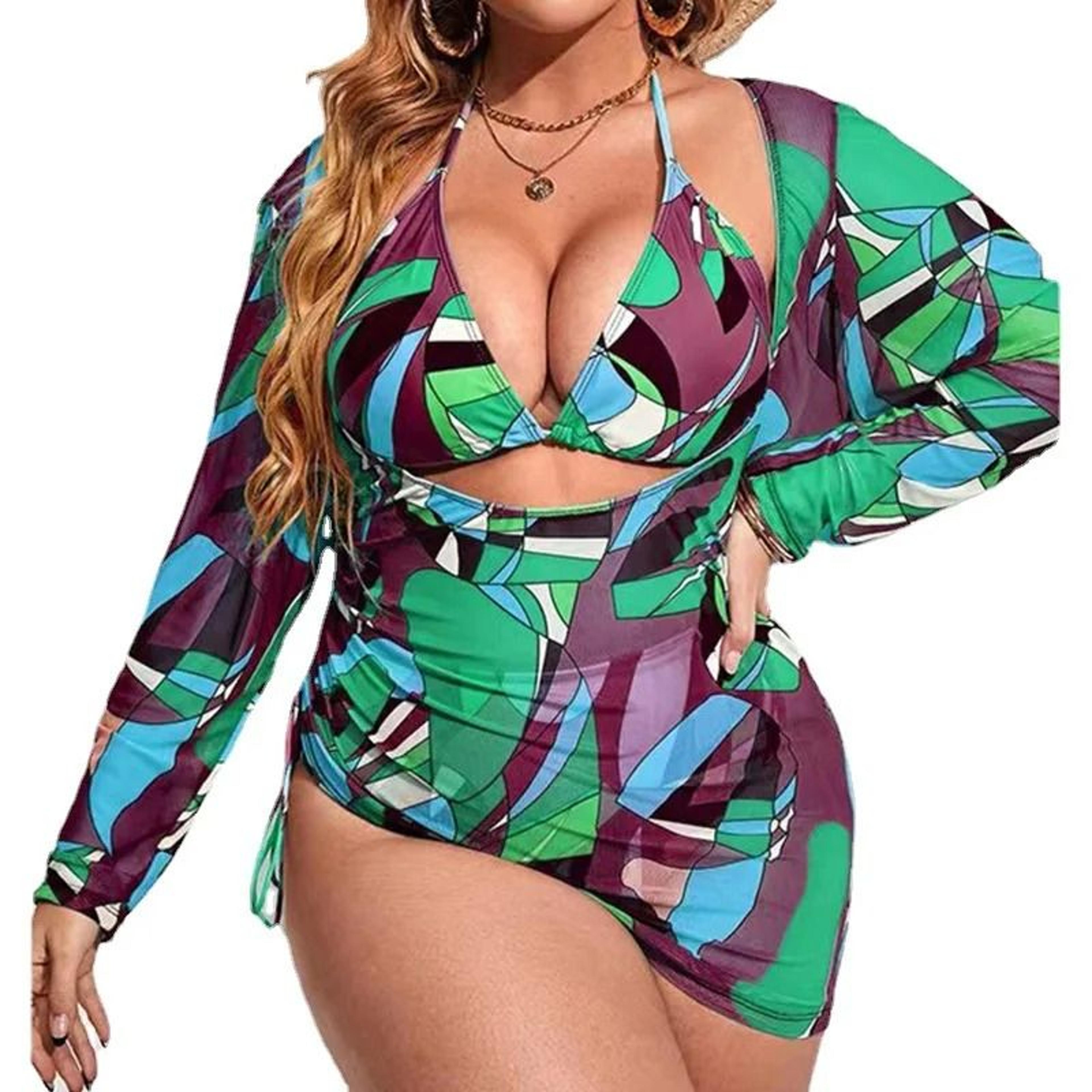 Womens 3Piece Plus Size Split Swimsuit Set With Digital Print Mesh Gauze Smock 4