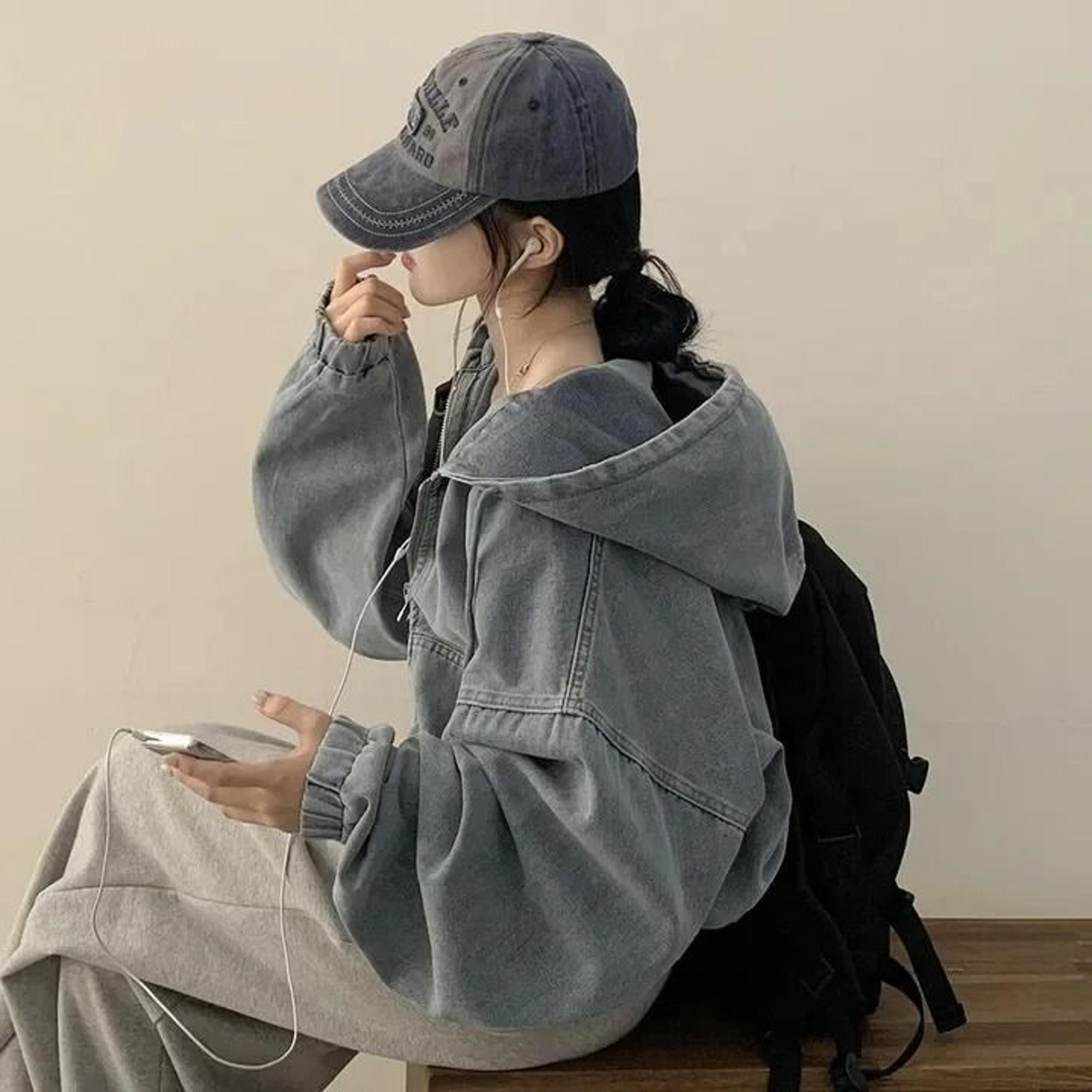 Korean Lazy Chic Autumn Retro Hooded Denim Jacket Loose Casual Short Light Jean Coat 3