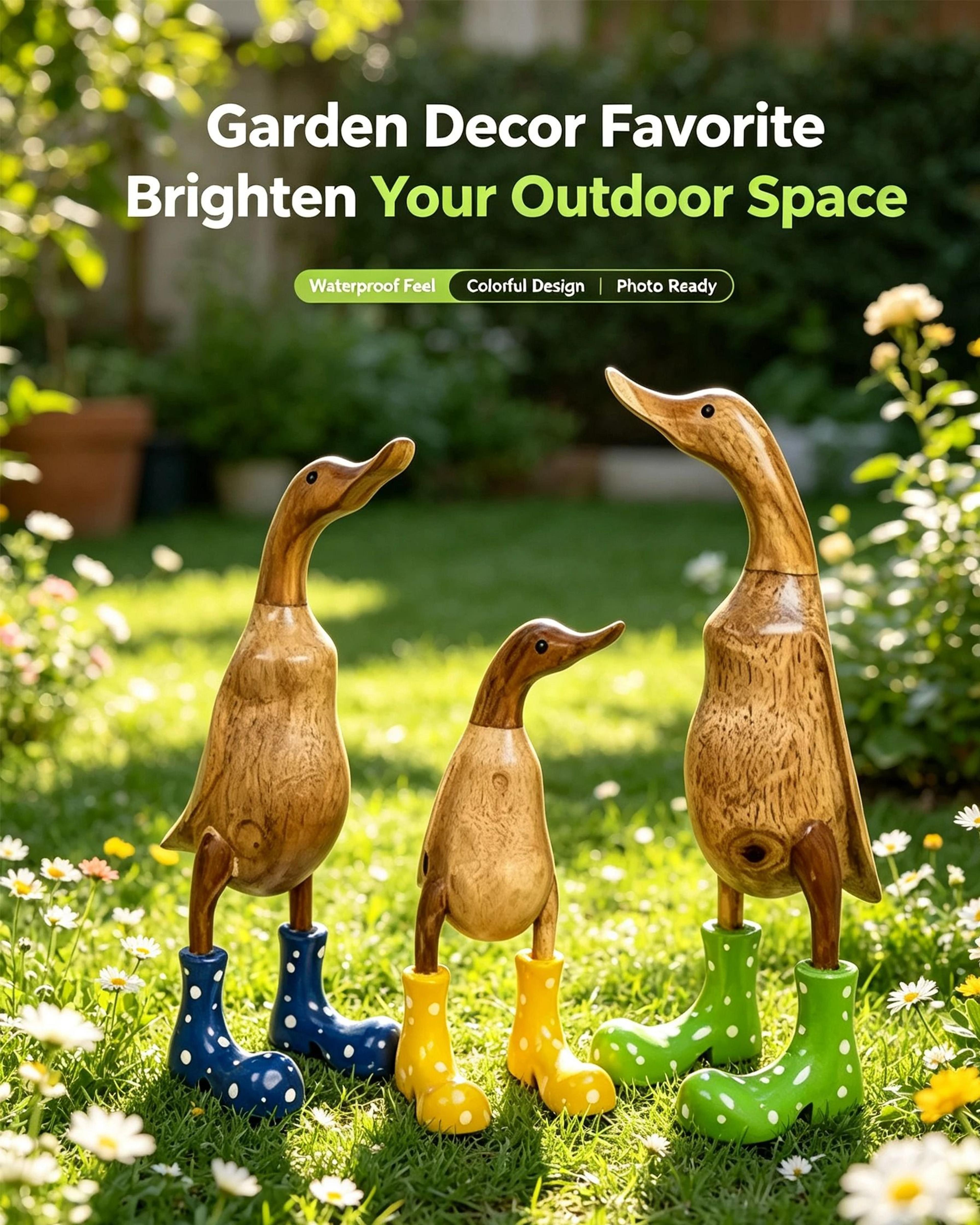 WoodGrain Duck Figurine With Rain Boots Whimsical Dotted Garden  Home Decor Sculpture 1