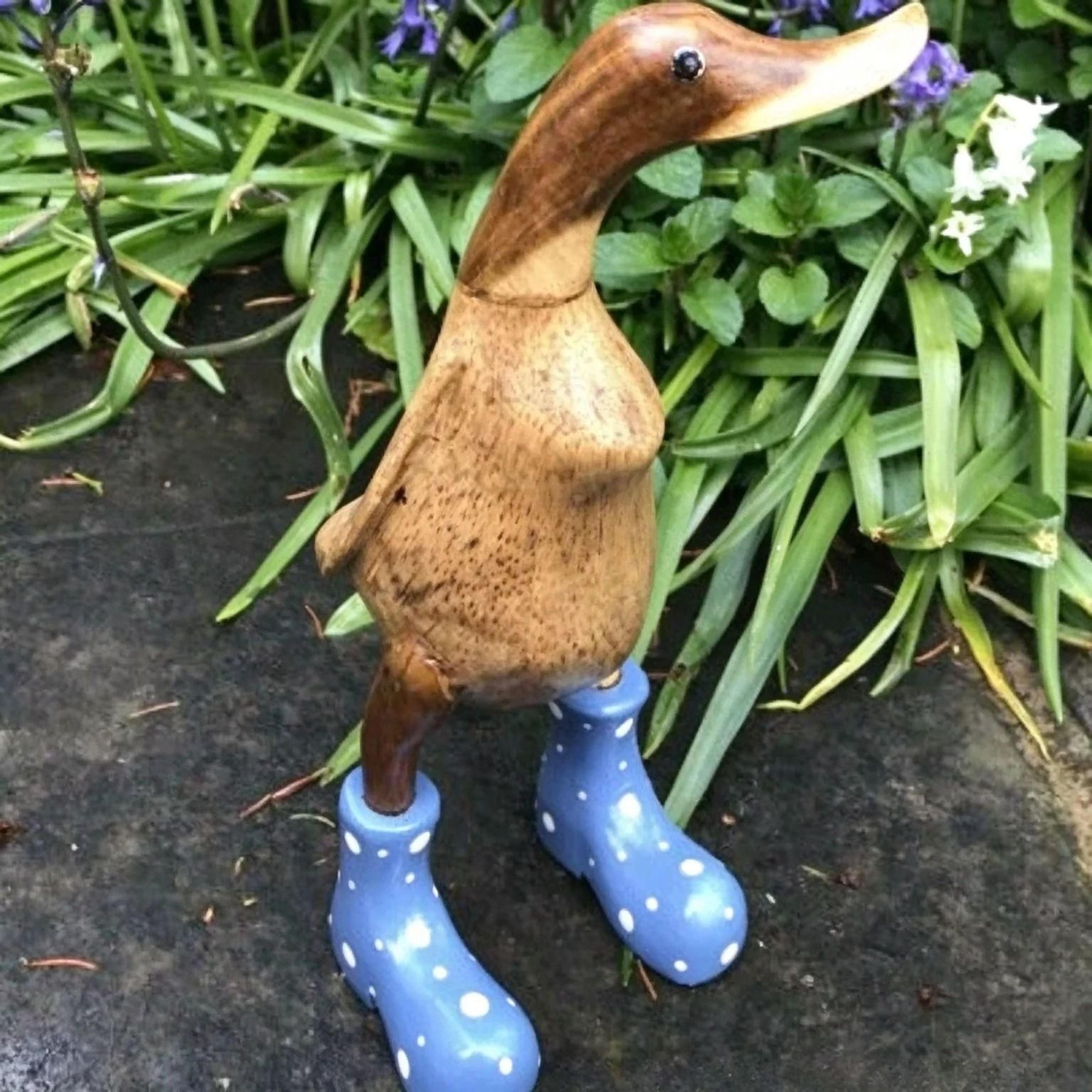WoodGrain Duck Figurine With Rain Boots Whimsical Dotted Garden  Home Decor Sculpture 8