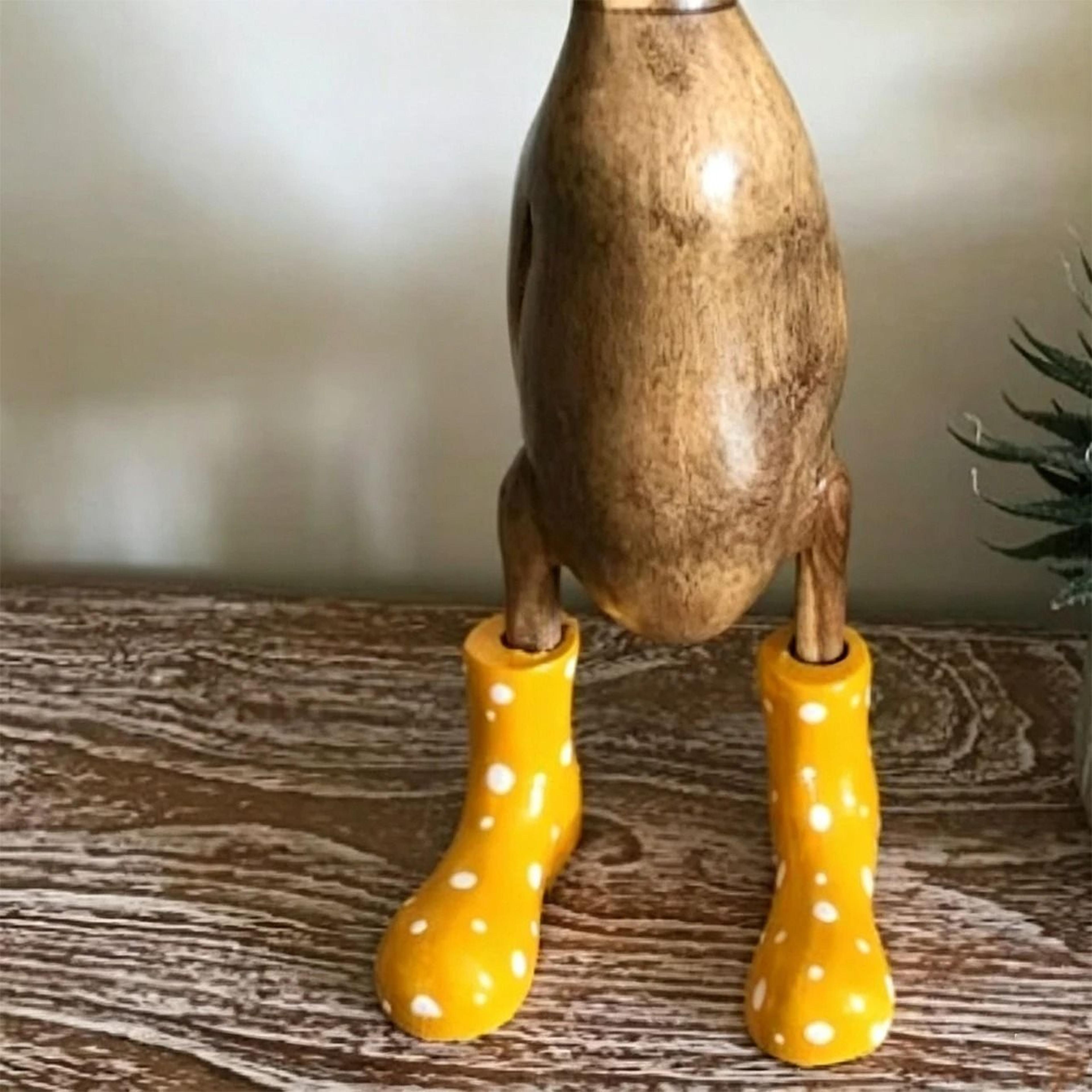 WoodGrain Duck Figurine With Rain Boots Whimsical Dotted Garden  Home Decor Sculpture 2
