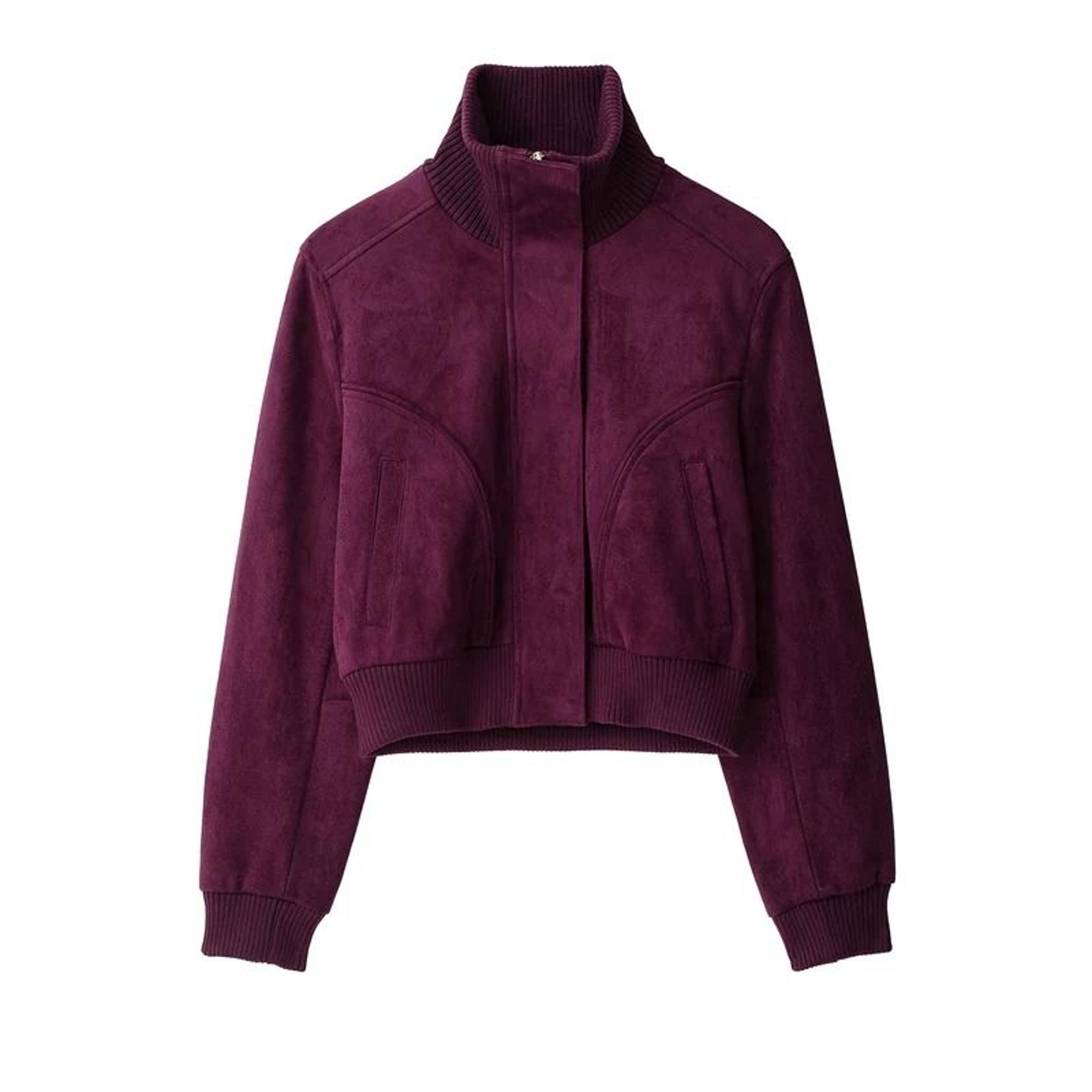Womens Ribbed Stand Collar Cropped Jacket Retro HighWaist Casual Short Coat 6