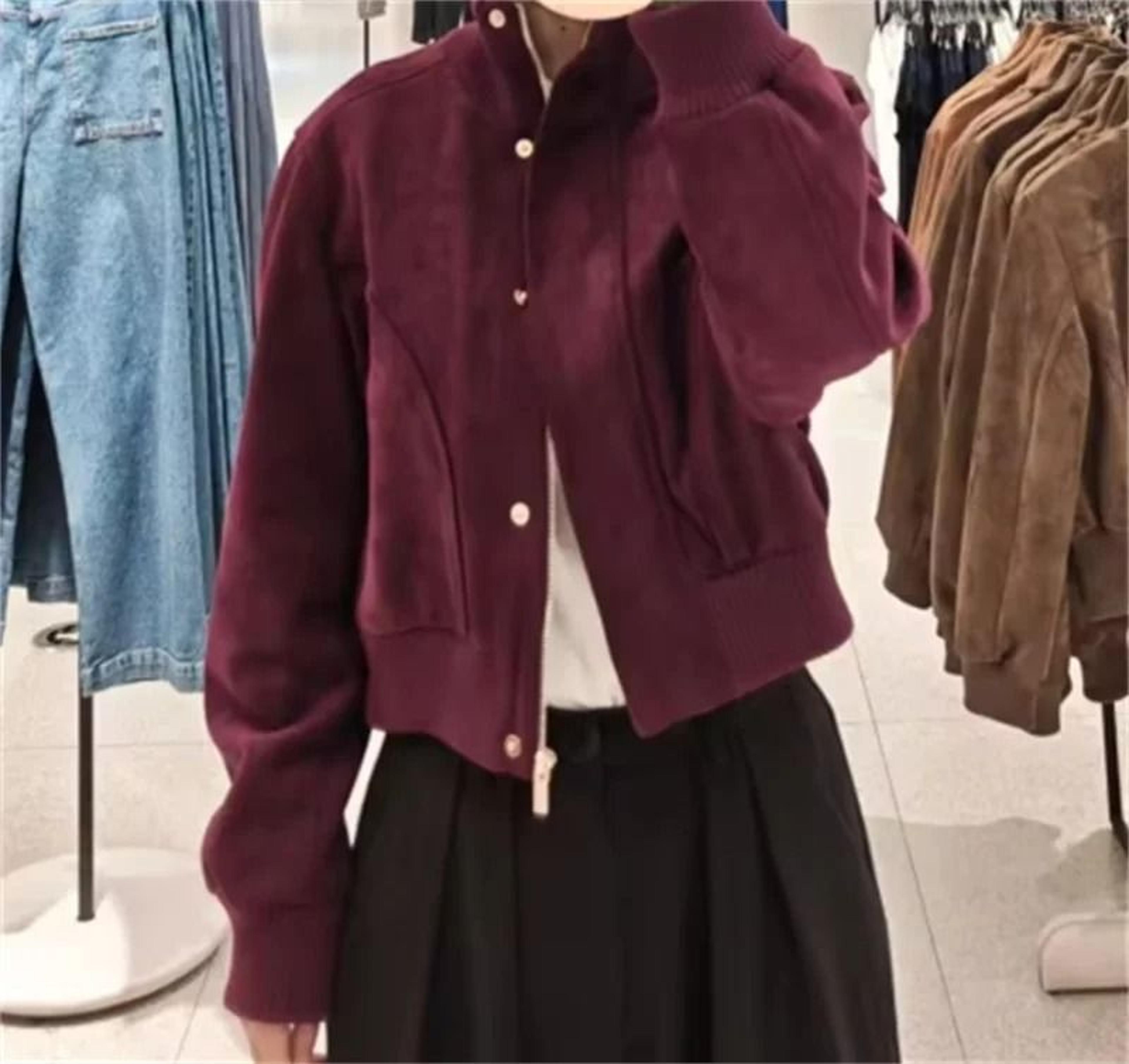 Womens Ribbed Stand Collar Cropped Jacket Retro HighWaist Casual Short Coat 2