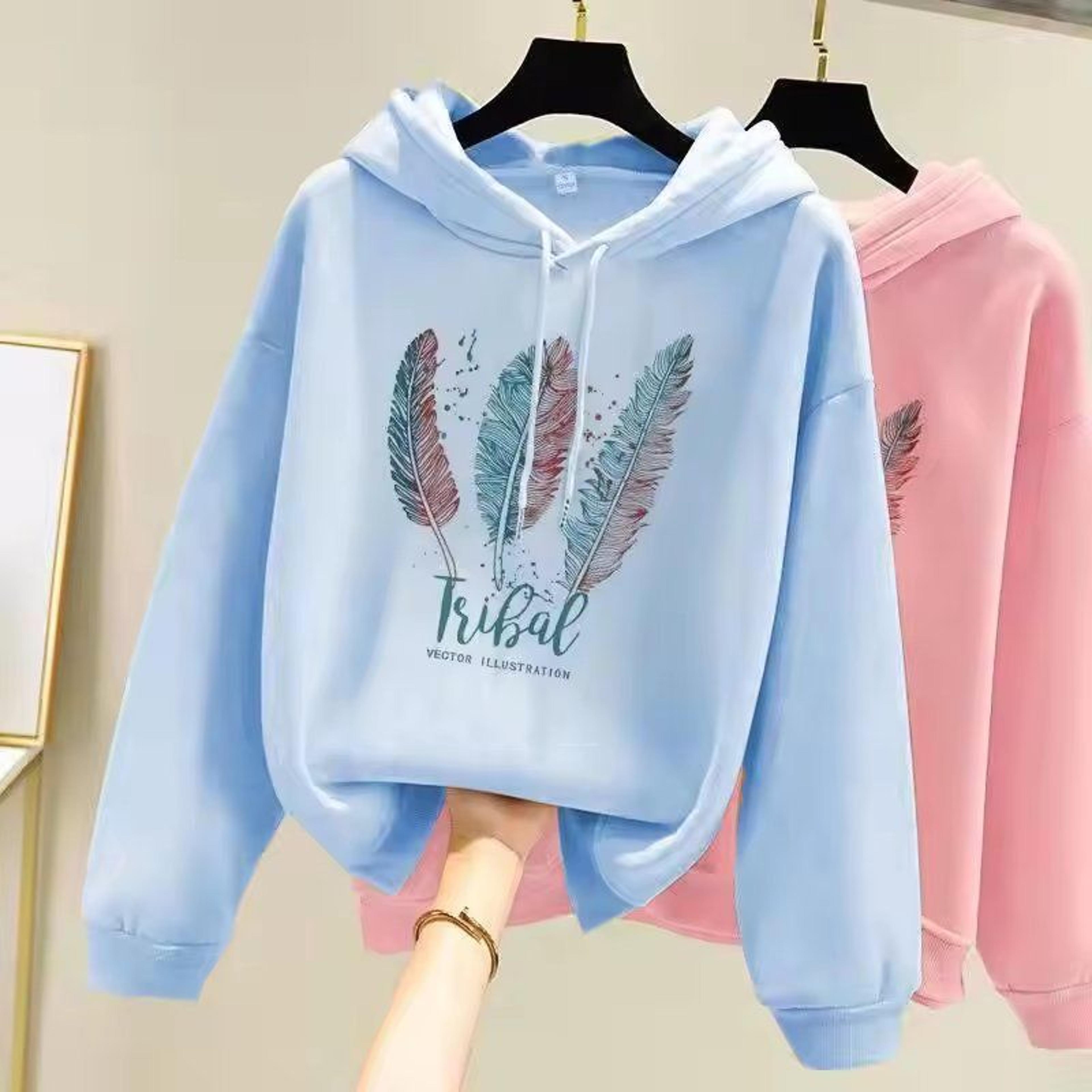 Womens Feather Printed Fleece Hoodie Autumn Winter Casual Loose Pullover Sweatshirt 7