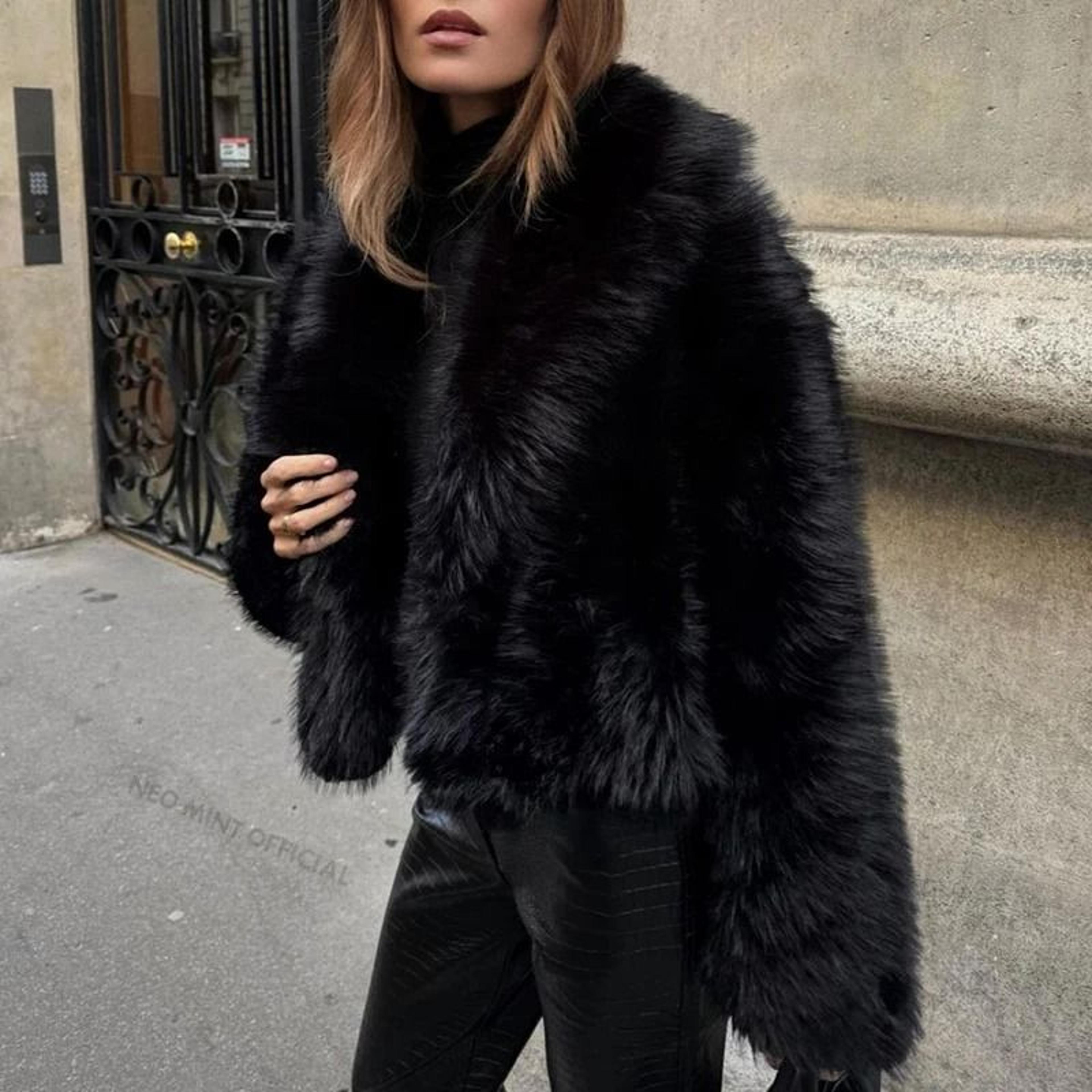 Womens Faux Fox Fur Shawl Collar Cropped Jacket Vintage Chic Winter Overcoat 4