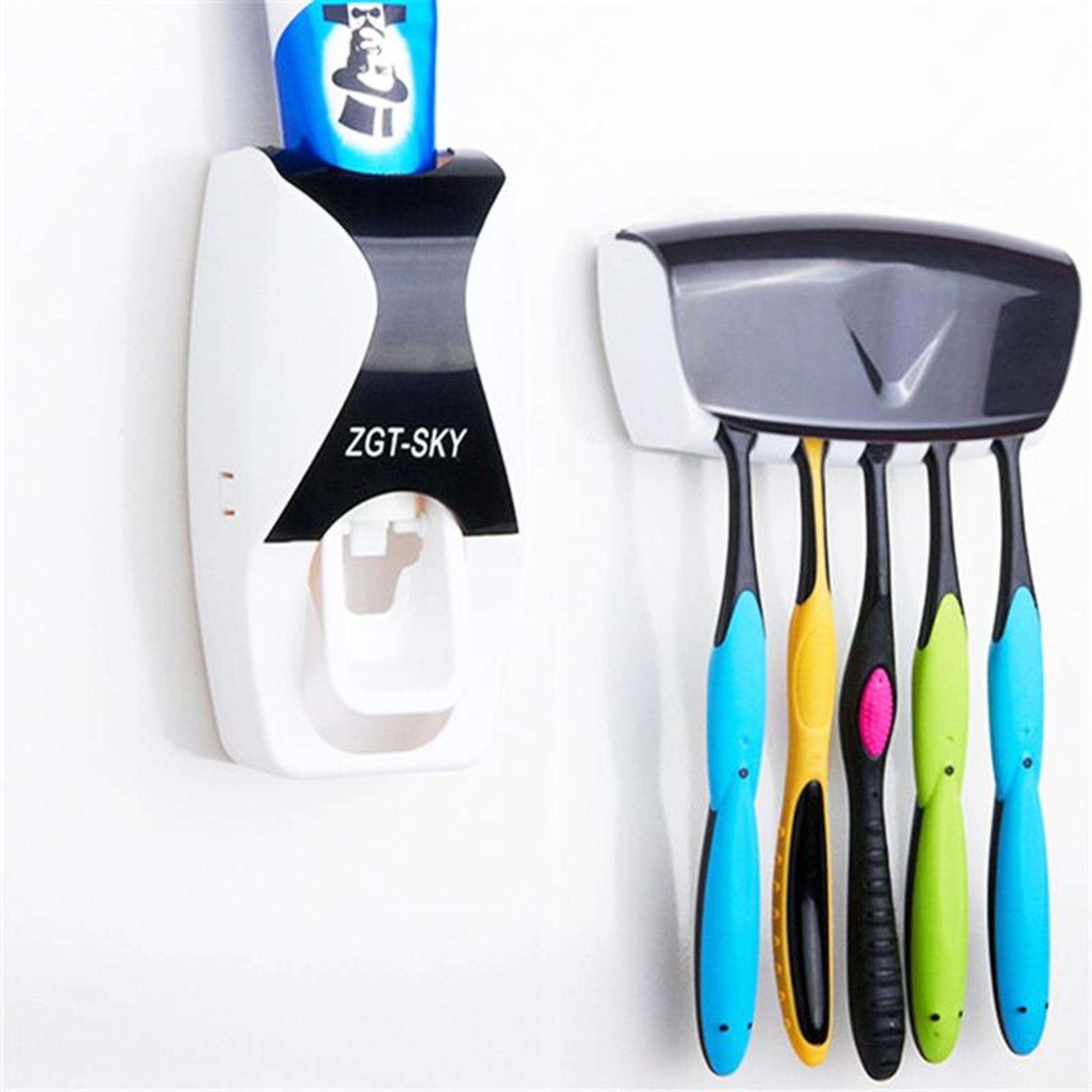 automatic toothpaste dispenser and wall mounted toothbrush holder set