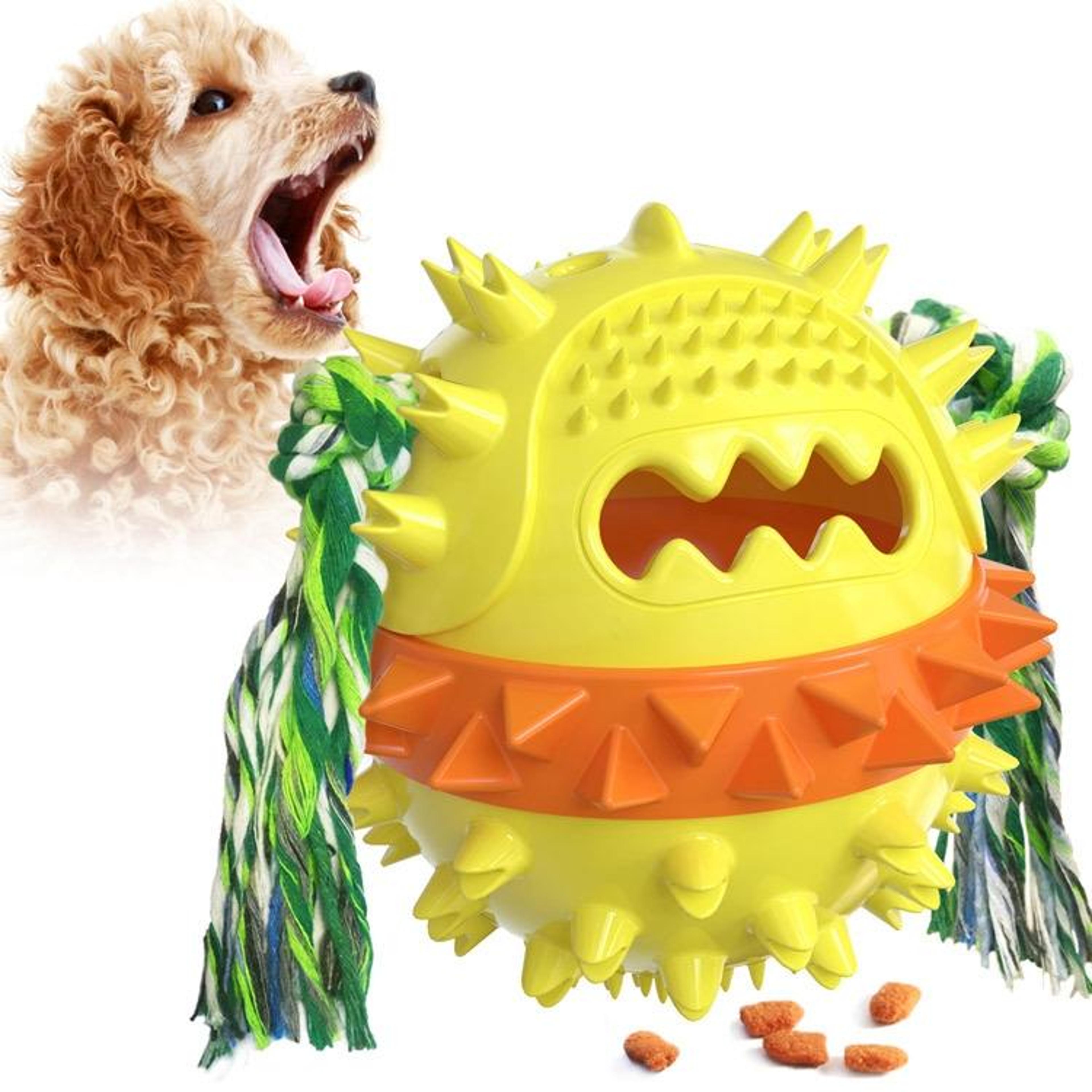 pawplay interactive dog teething toy with treat dispenser, squeaker & dental cleaner