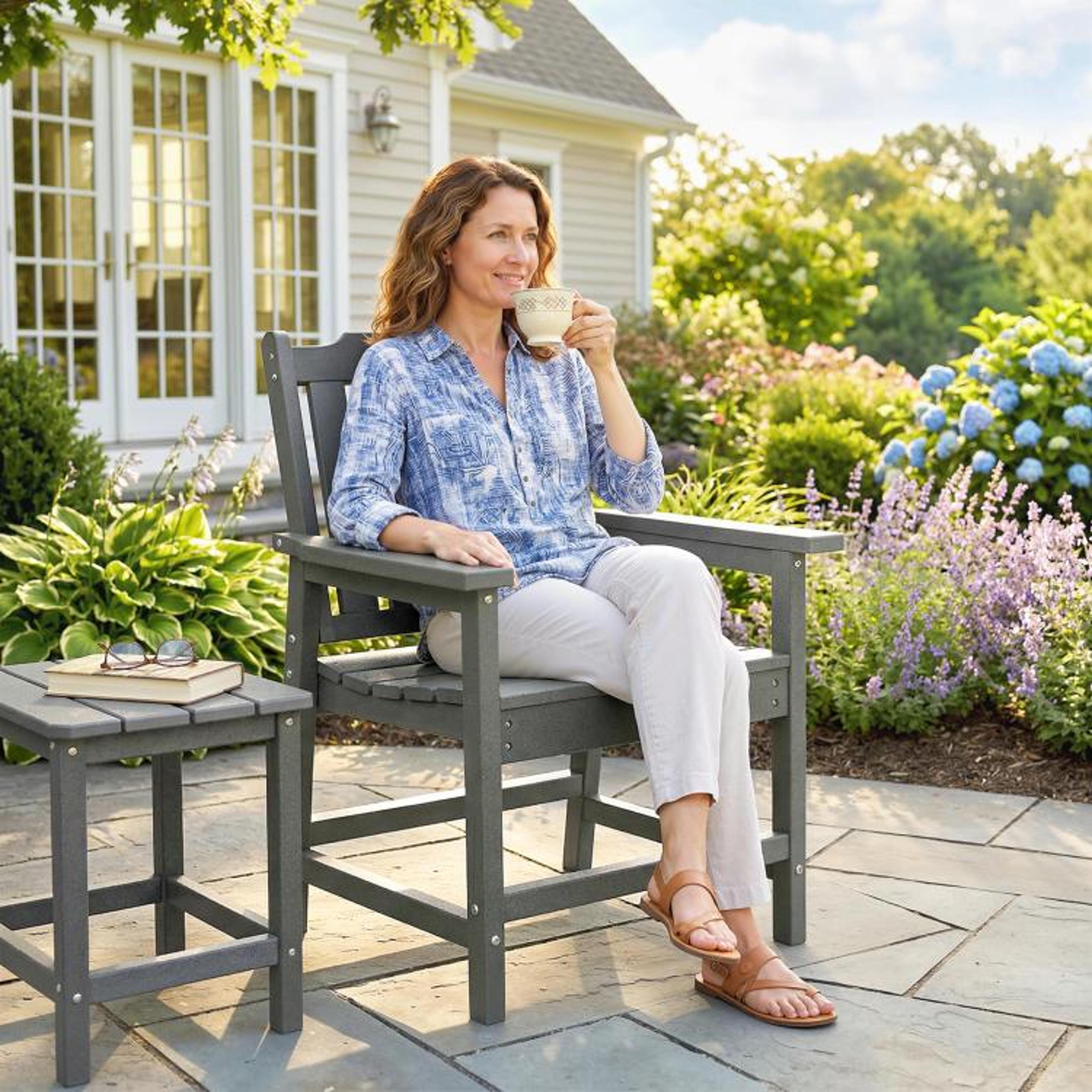 AllWeather HDPE Patio Dining Chair With WoodLook Finish And Armrests Gray 8