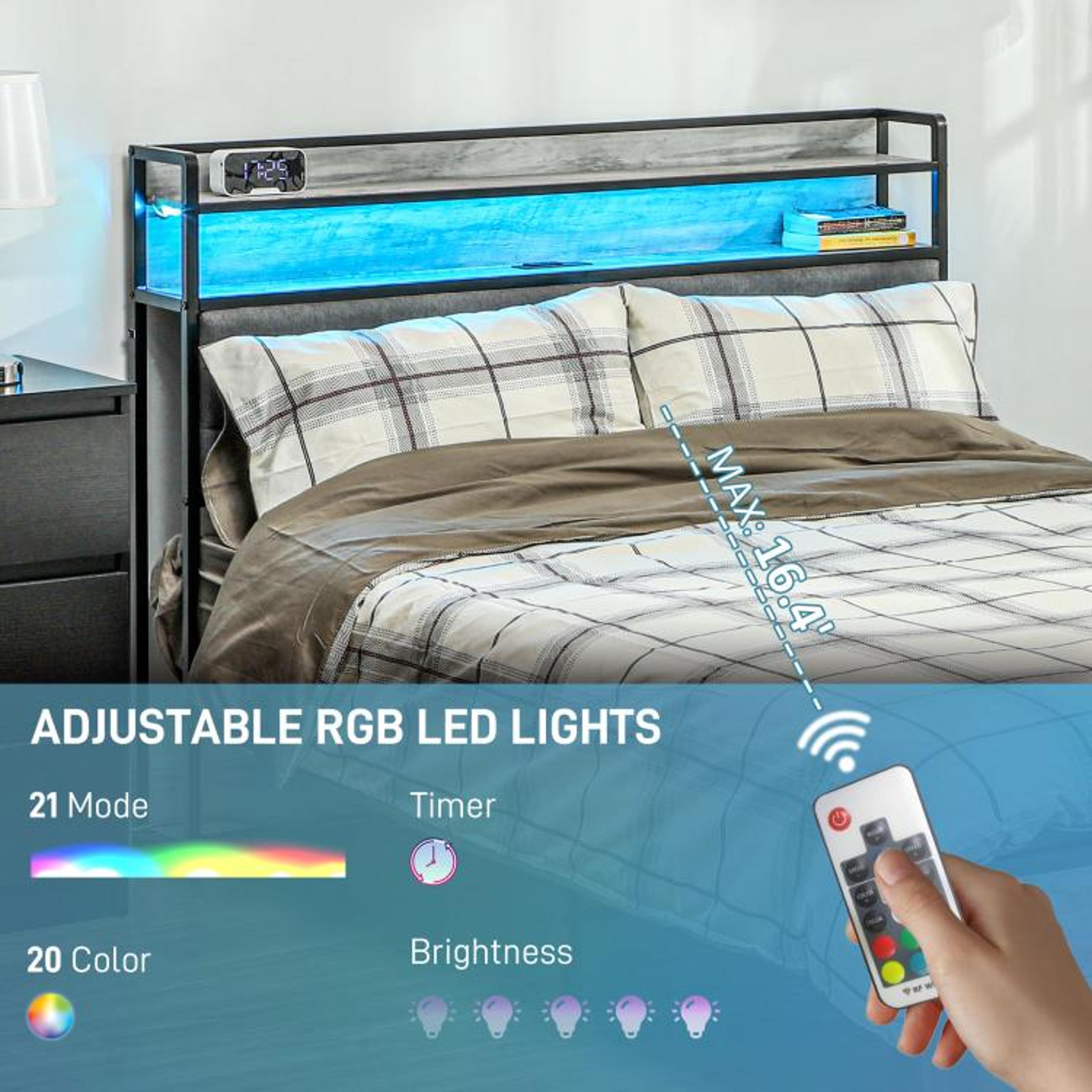 Full Size Bed Frame With LED Lights Storage Headboard And Charging Station  Cement Gray 3