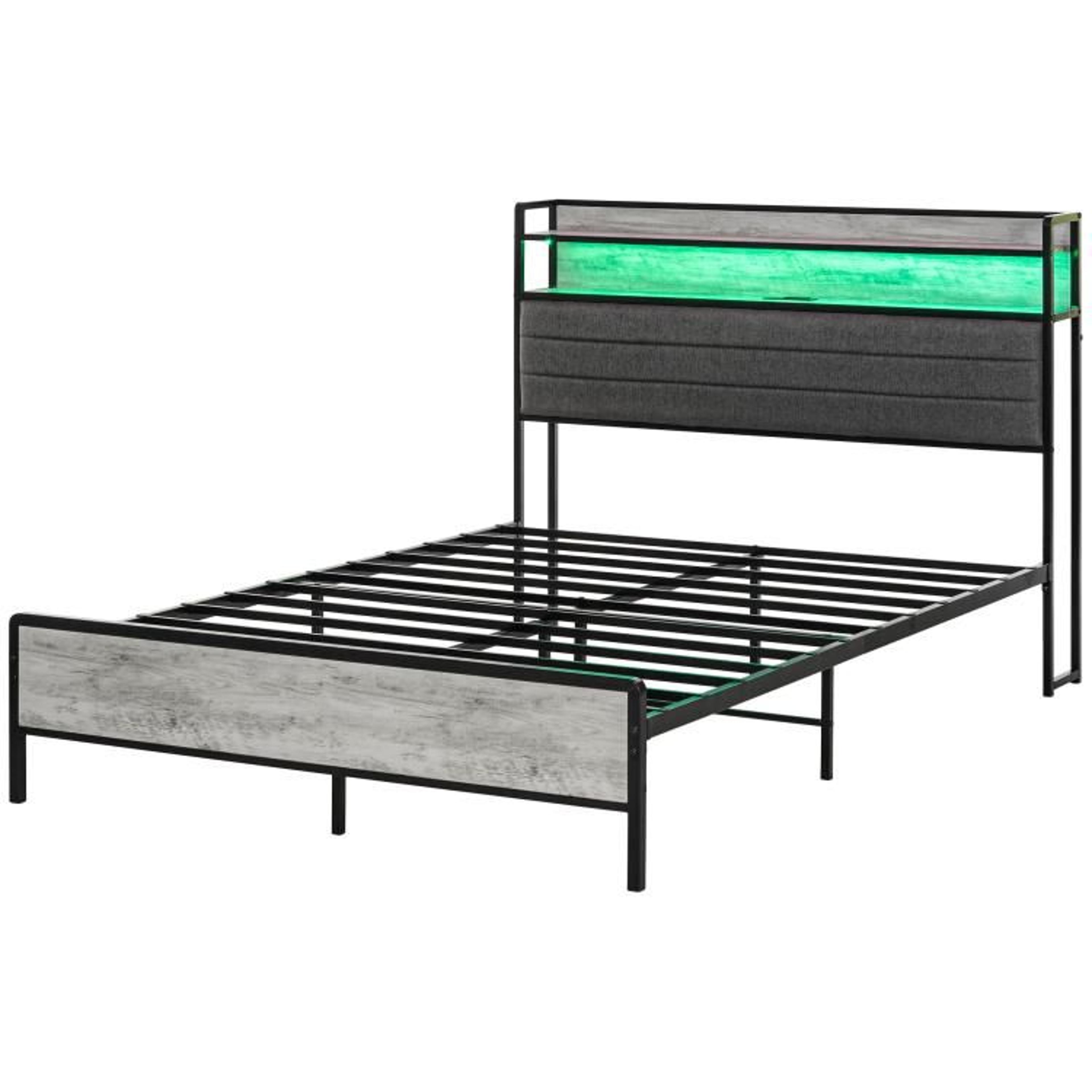 Full Size Bed Frame With LED Lights Storage Headboard And Charging Station  Cement Gray 9