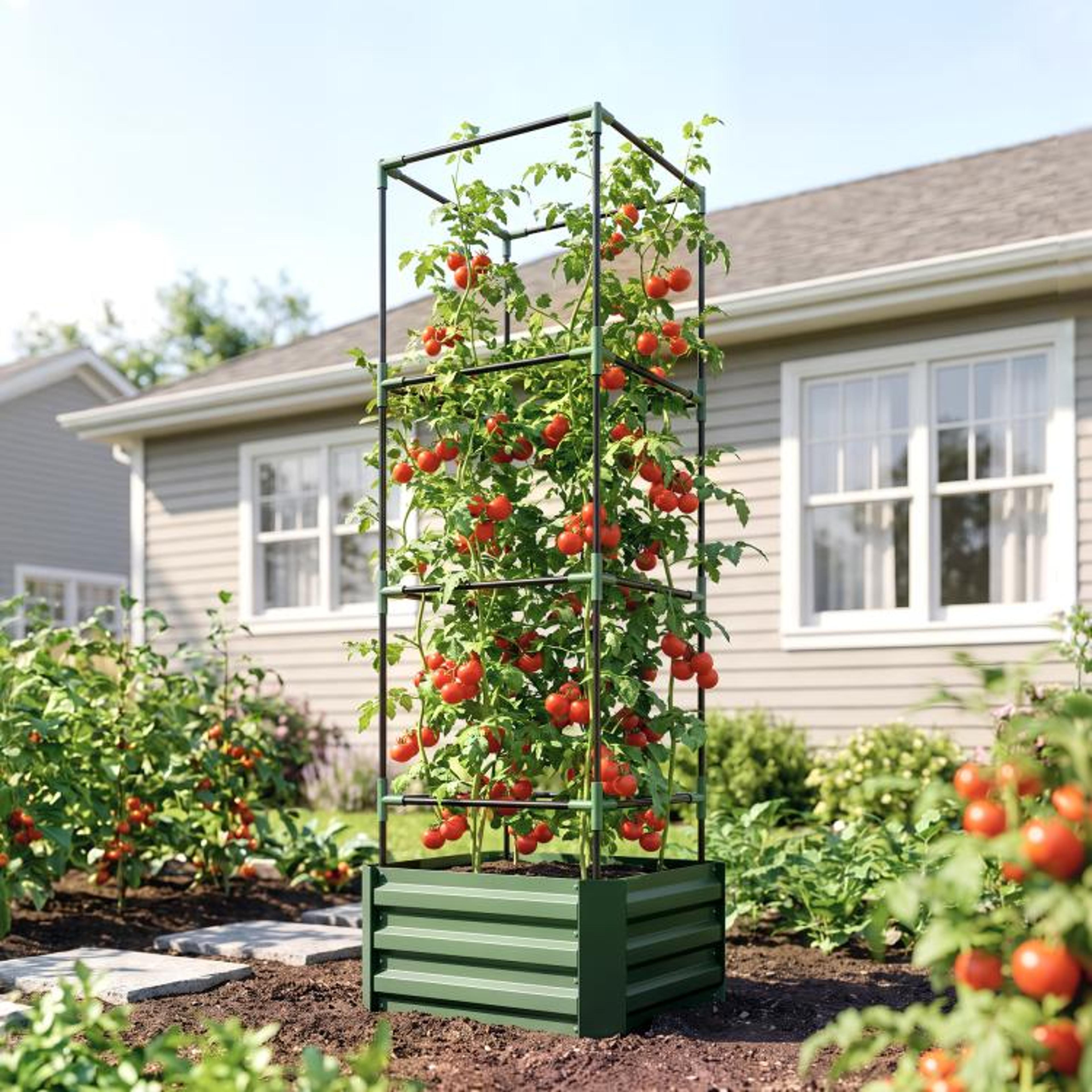 Galvanized Raised Garden Bed With Adjustable Tomato Trellis Cage  Green 3