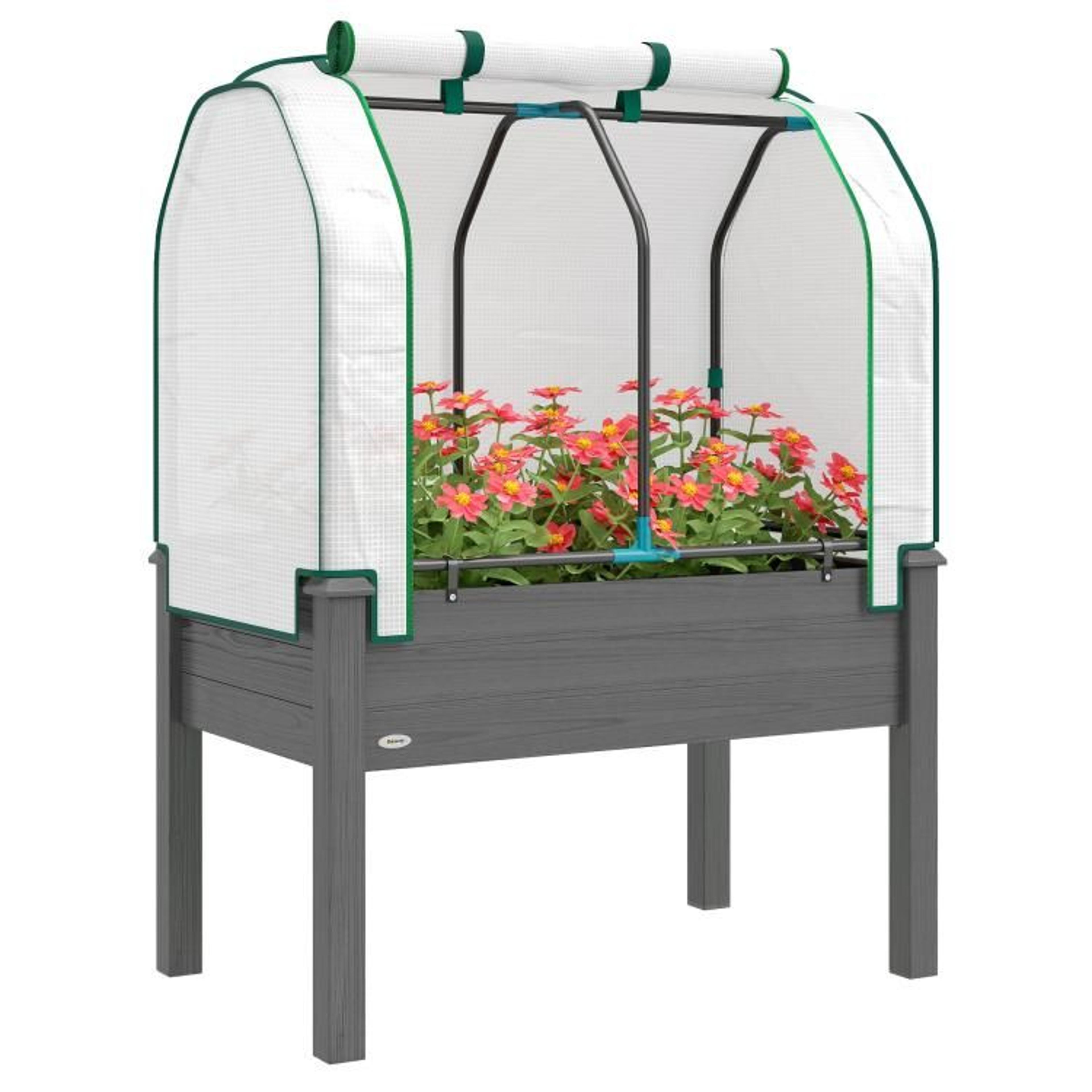 raised garden bed with retractable greenhouse cover and elevated planter box