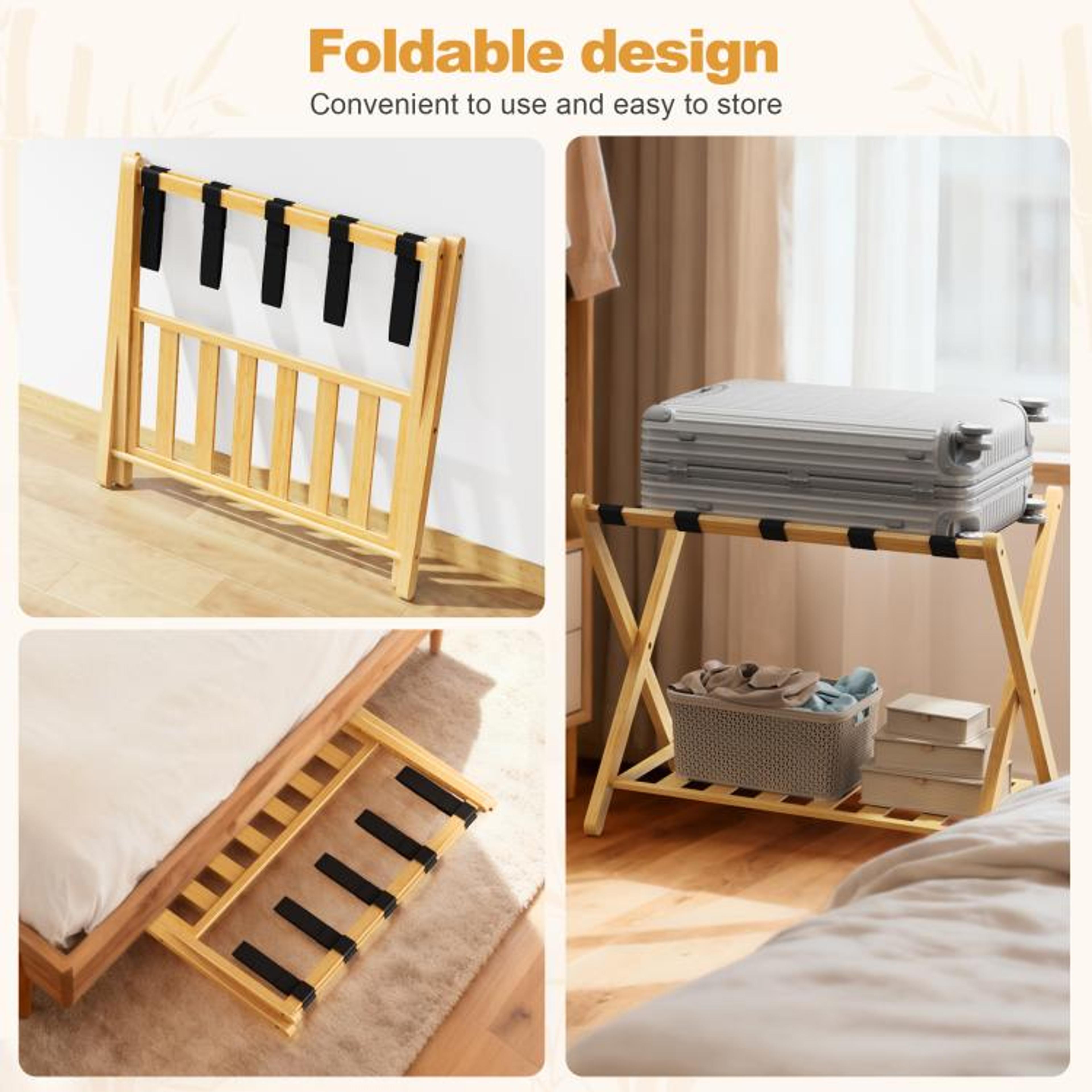 Folding Bamboo Luggage Rack With Lower Storage Shelf For Guest Rooms 2