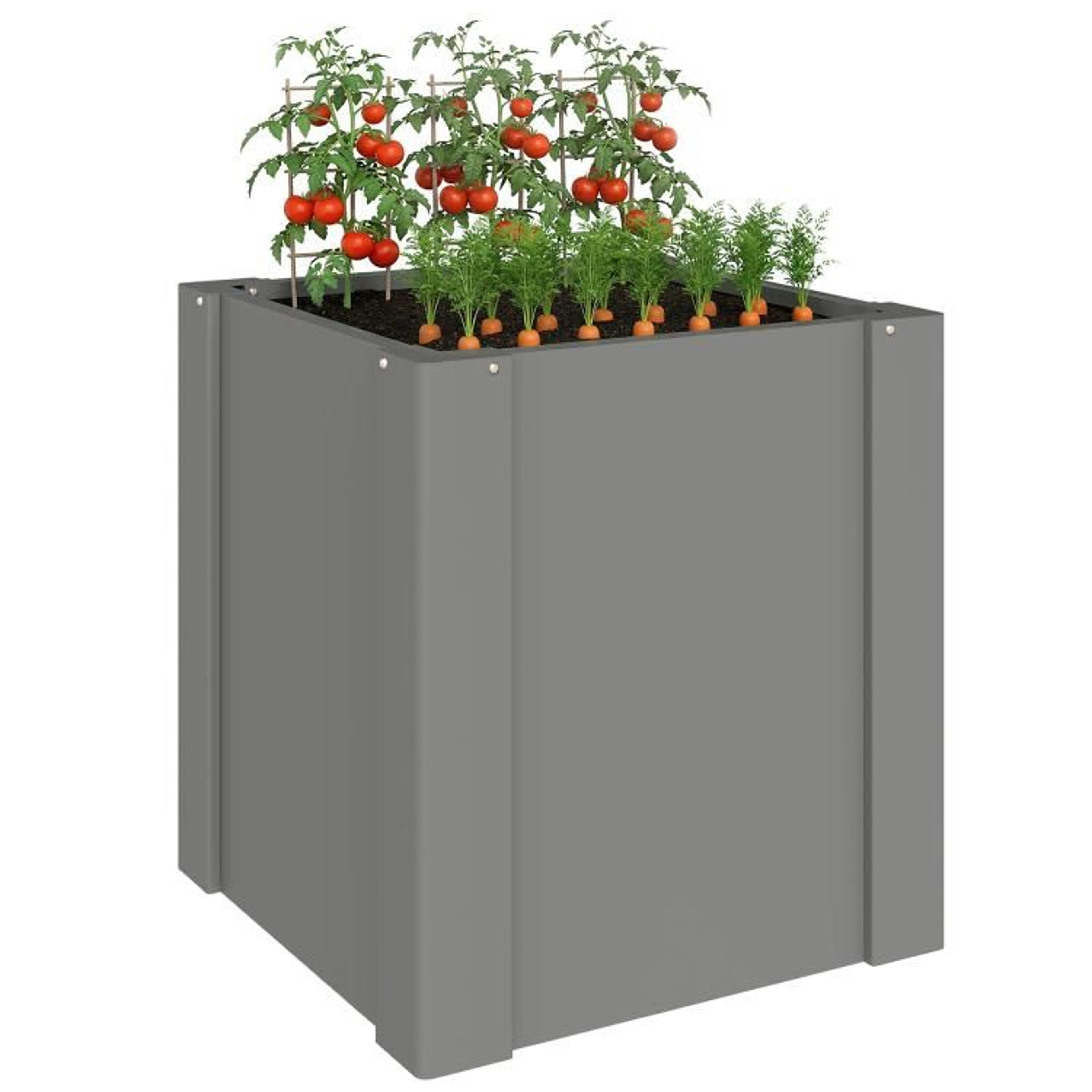 galvanized steel raised garden bed with open bottom and gardening gloves gray