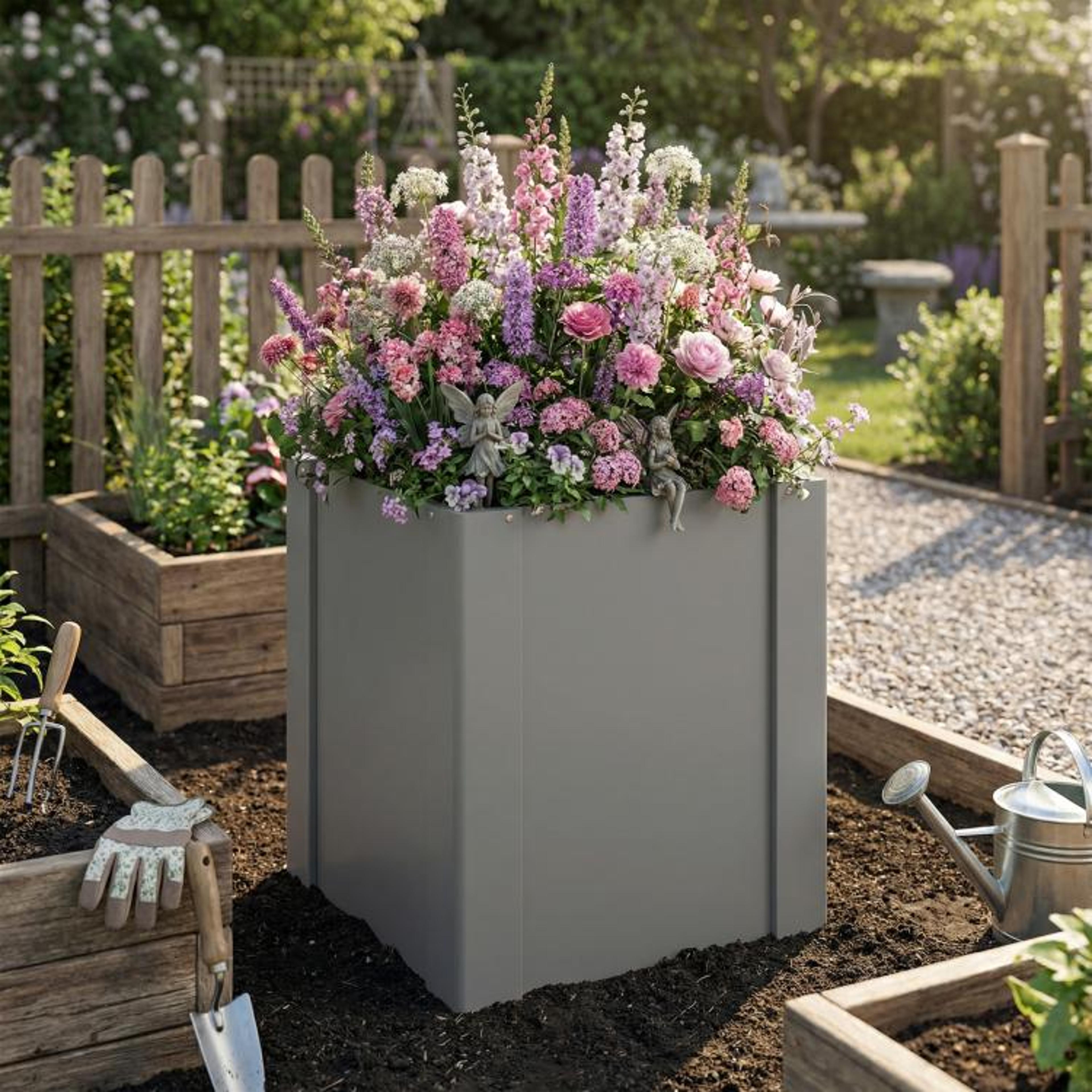 Galvanized Steel Raised Garden Bed With Open Bottom And Gardening Gloves Gray 2