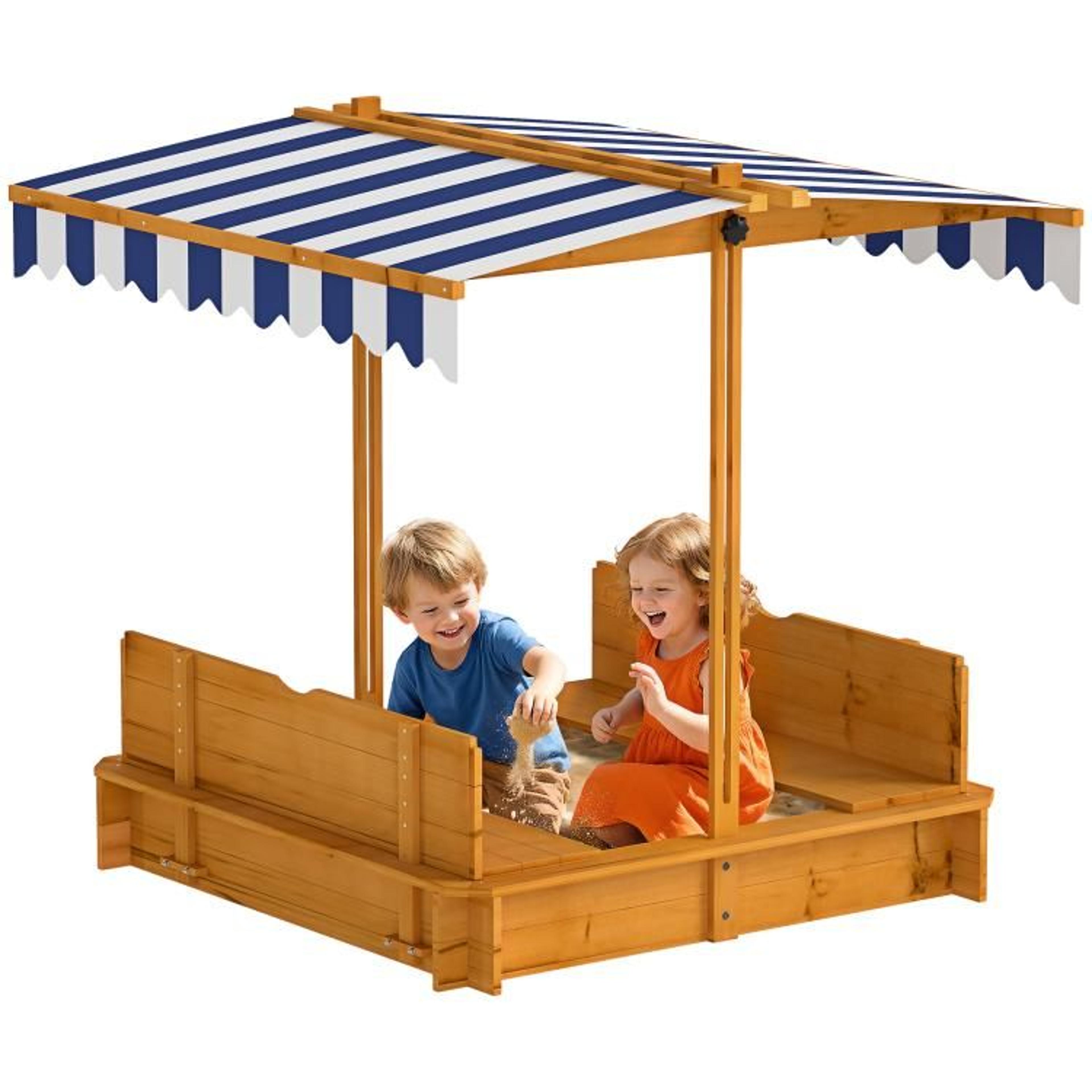 wooden kids sandbox with adjustable canopy and foldable bench seats