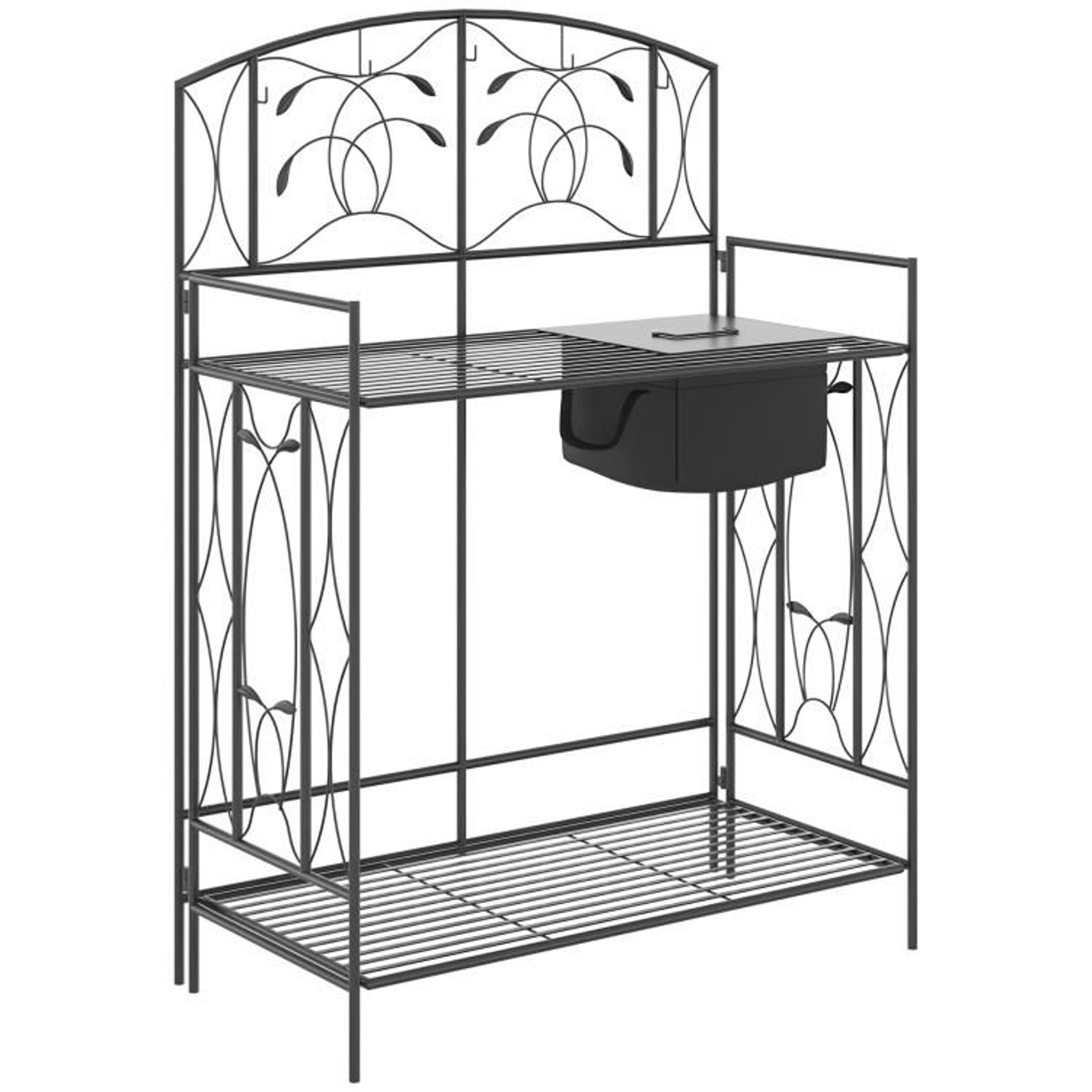 folding metal potting bench table with soil bag and storage shelves