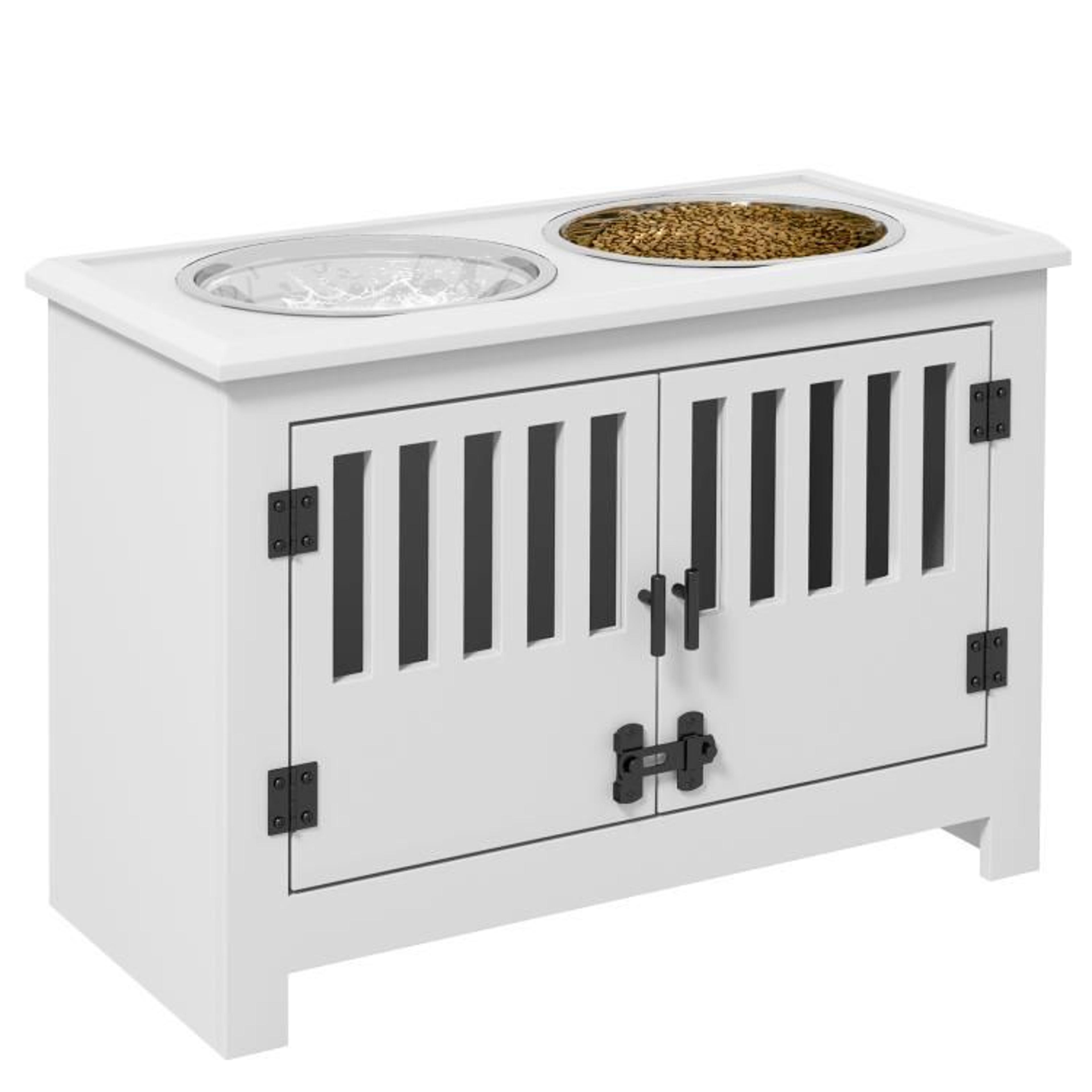 dog food storage cabinet with elevated stainless steel bowls white