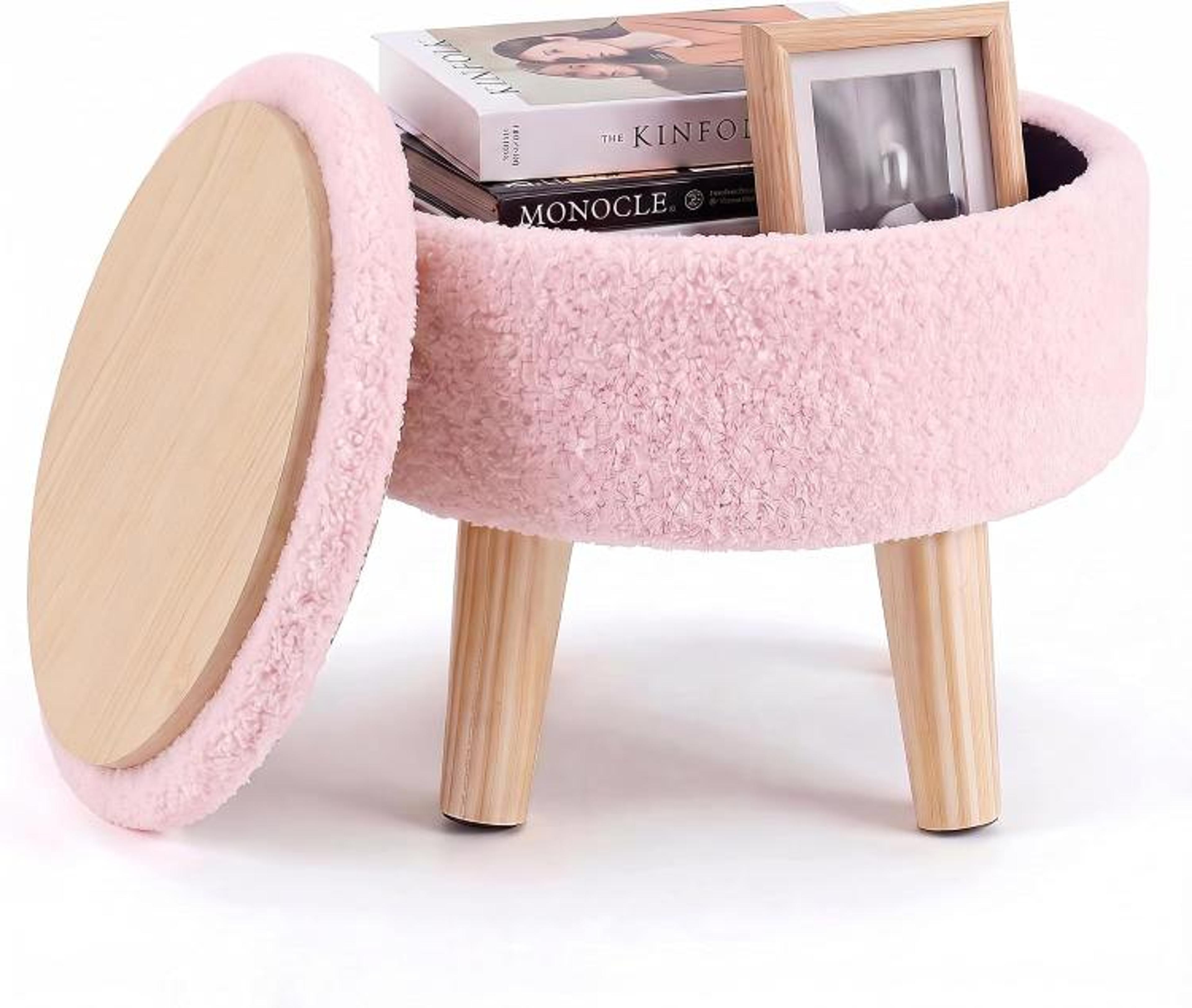 round storage ottoman footstool with boucle upholstery and padded lid pink