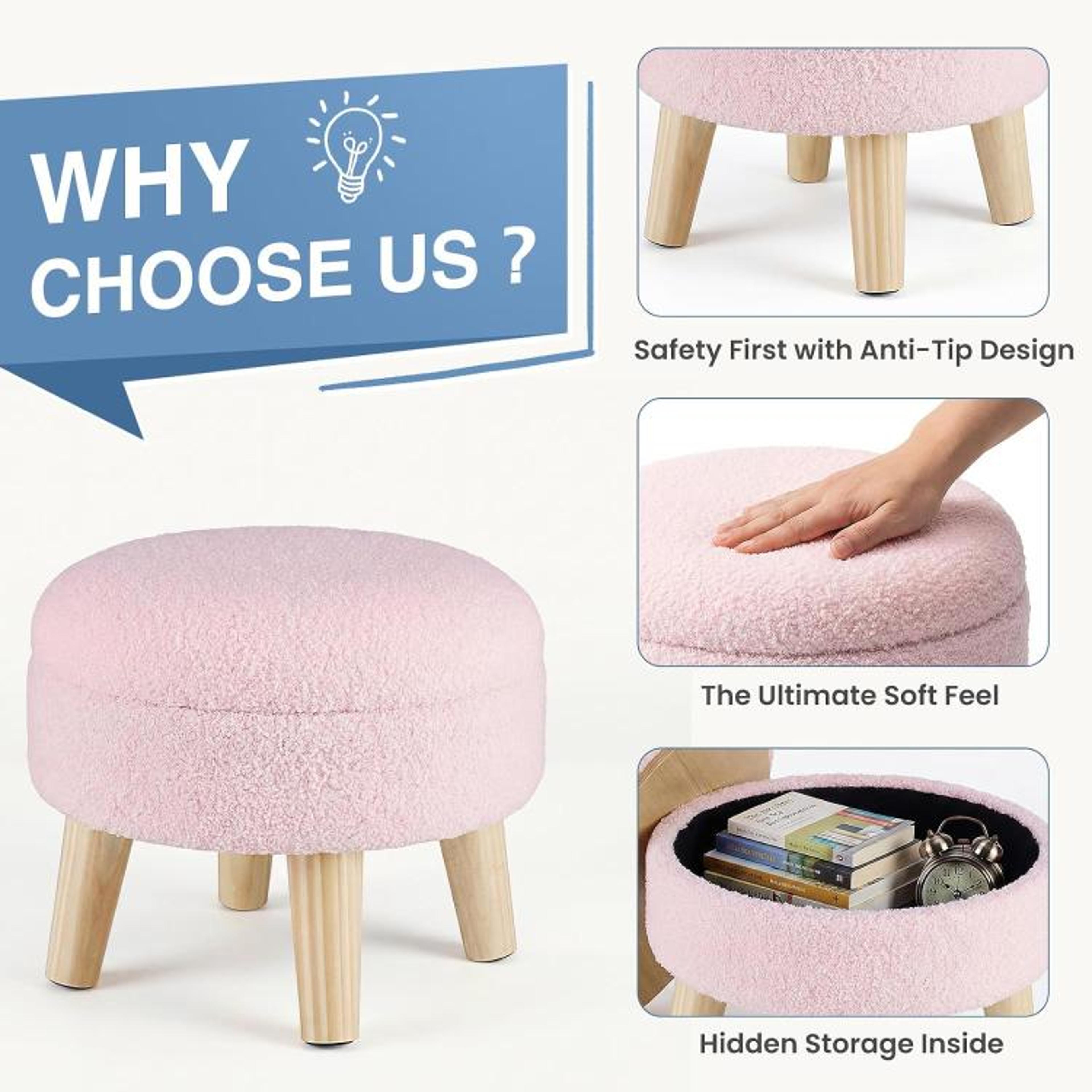 Round Storage Ottoman Footstool With Boucle Upholstery And Padded Lid Pink 3